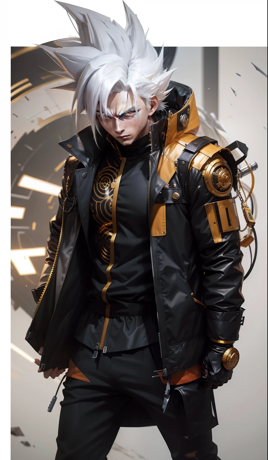 goku white hair black jacket golden mechanical parts