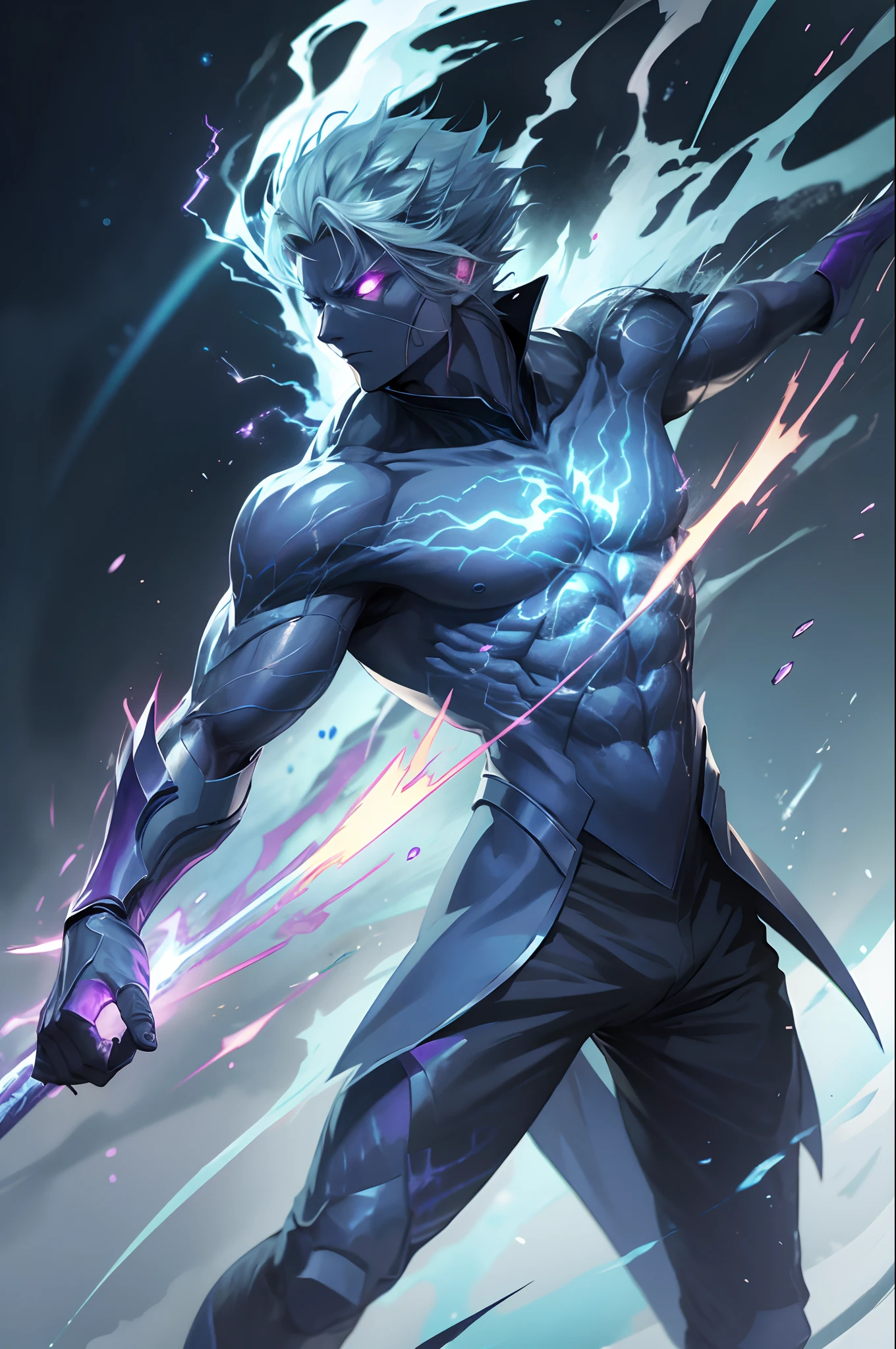 epic anime style, purple lightning, evil temperament, 20-year-old male shadow assassin, glowing black aura, shadow supervisor, handsome face, brilliant and majestic. Beautiful standard body and complete body structure. full body shot of a man with lightning in his hand, an epic anime about a purple energy man, in a battle stance with dark hair and glowing eyes looking at the viewer. Cool Gapmoe Yandere, menacing look, gintama's Hijikata Toushirou, inspired by Masanobu Okumura, the originator of the anime art style, Nobutaka Ike, the night war rages behind him. Highest image quality 8K, details everything 8K.