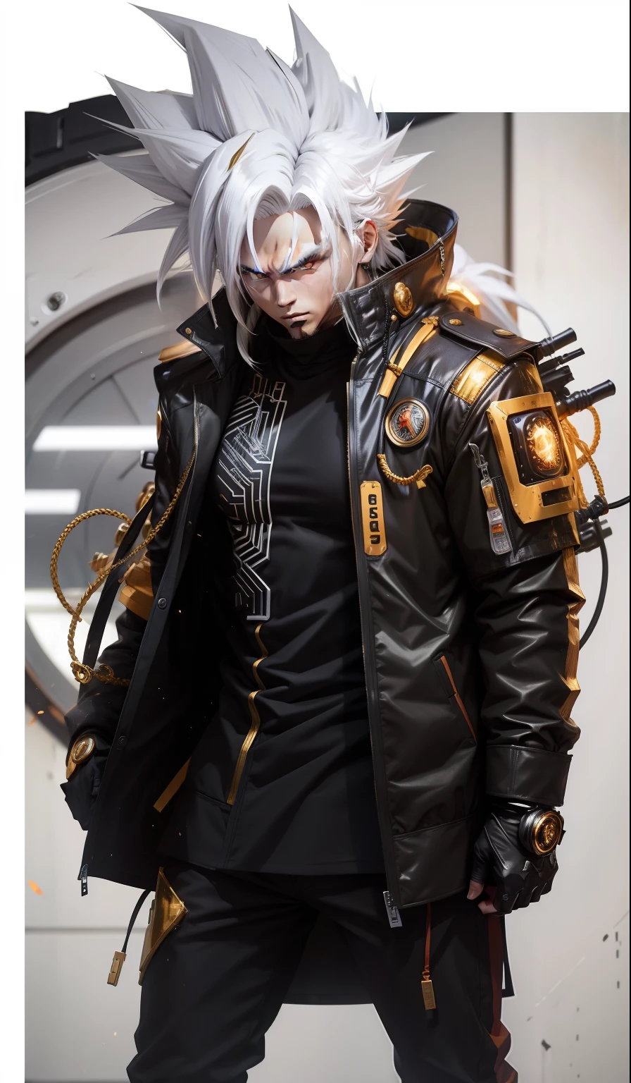 goku white hair black jacket golden mechanical parts