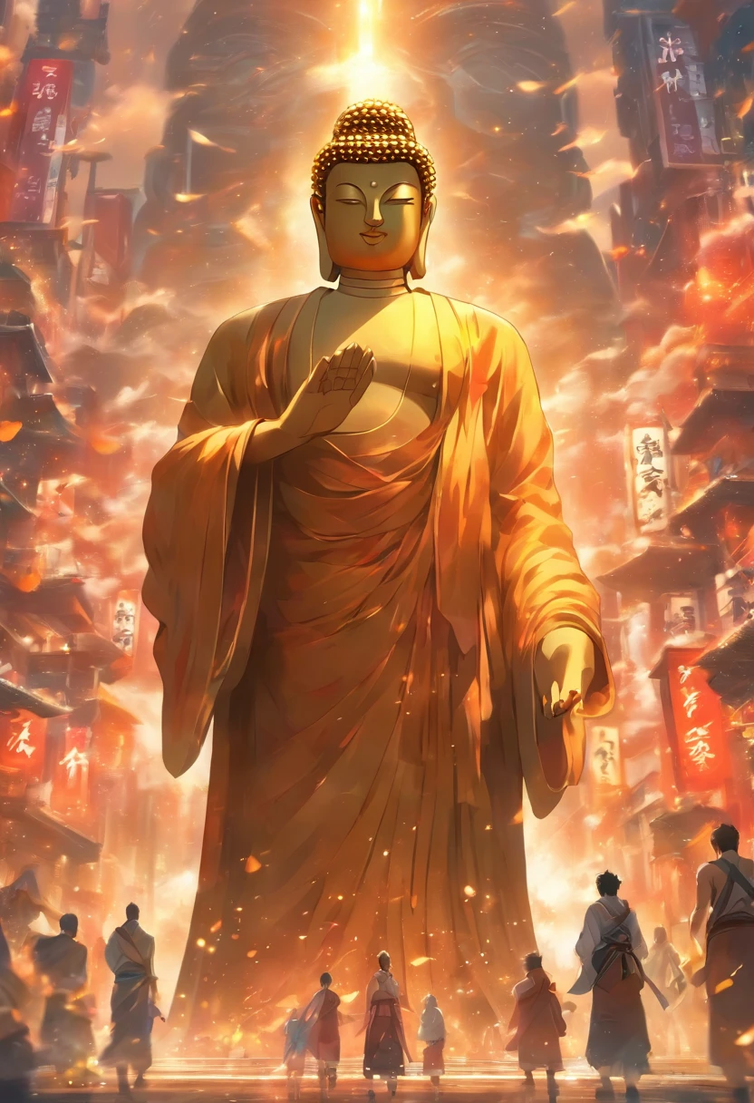 （The upper body of a giant tall Buddha statue in the distance：1.5，），（race
Bopunk city background：1.2），（真实感：1.4），（best qualtiy：1.0），（Ultra-high rating rate：1.0），8K， RAW photos，（tmasterpiece：0.2），ultra - detailed，(Pilgrims on the road：0.8)
