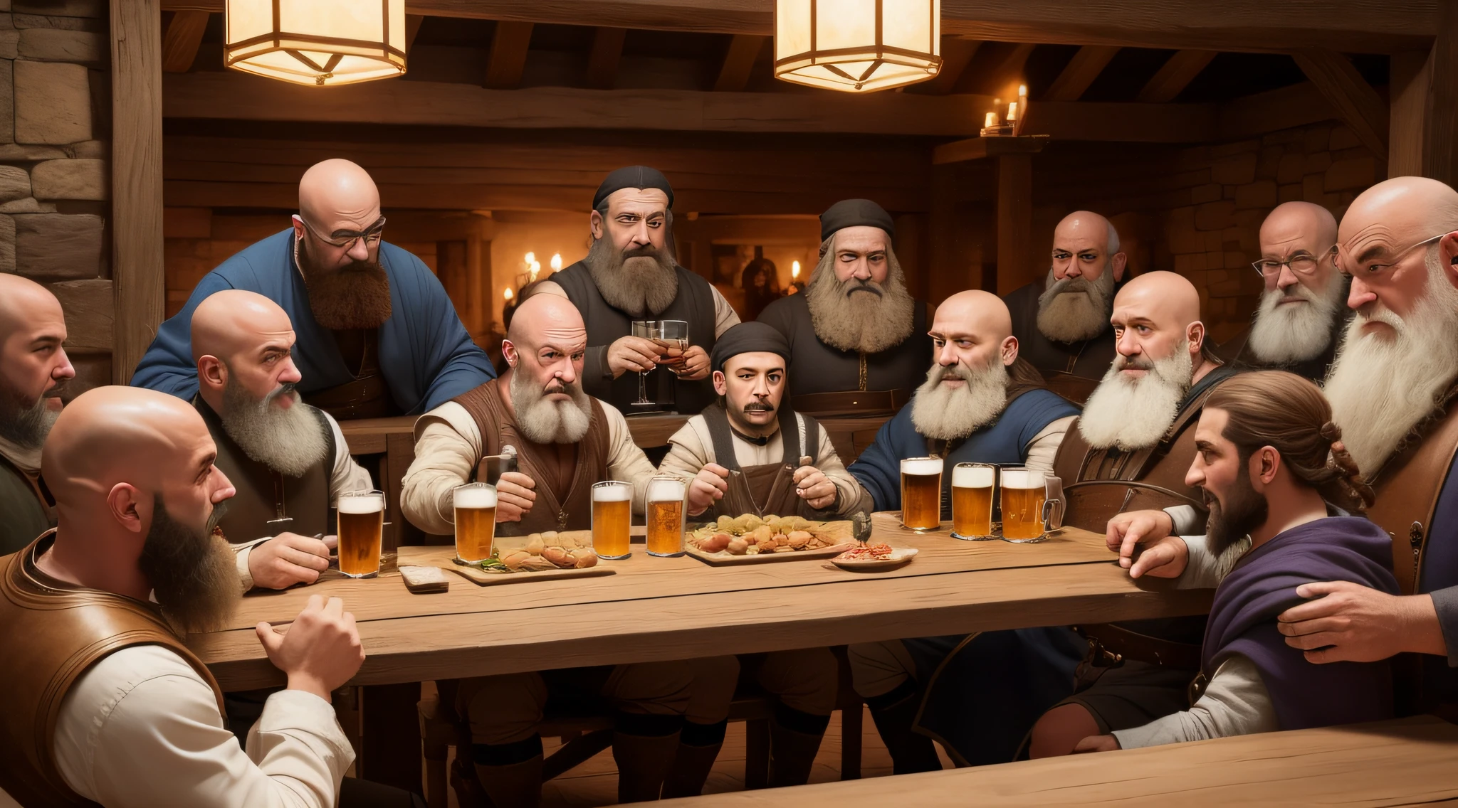 Crie famoso quadro da Ultima ceia, with the 12 apostles and two dwarves among them with all bald, behind a table with beers and everyone enjoyed the family moment