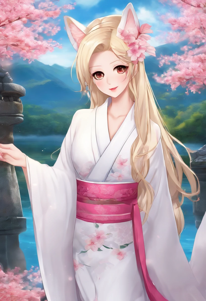 An adult nine-tailed kitsune with long, blonde hair, pink eyes and glossy pink lips. Her clothes resemble a quite expensive look wearing a tight and short, white kimono with flower patterns, which hugs and covers her perfect curves, showing off the size of her big breasts, slim waist and round butt. She wears the kimono shoulder free but still covers her breasts. She poses in front of a blue lake in a bright fantasy forest.