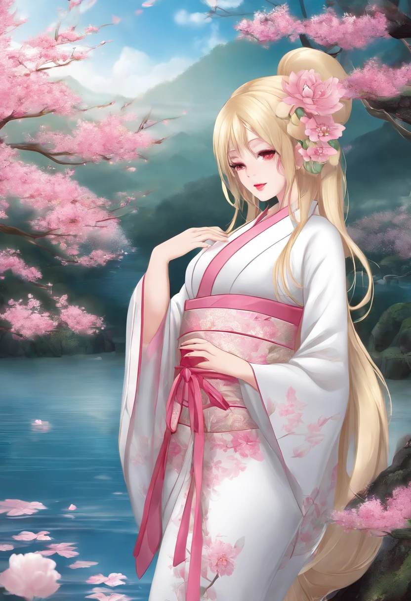 An adult nine-tailed kitsune with long, blonde hair, pink eyes and glossy pink lips. Her clothes resemble a quite expensive look wearing a tight and short, white kimono with flower patterns, which hugs and covers her perfect curves, showing off the size of her big breasts, slim waist and round butt. She wears the kimono shoulder free but still covers her breasts. She poses in front of a blue lake in a bright fantasy forest.