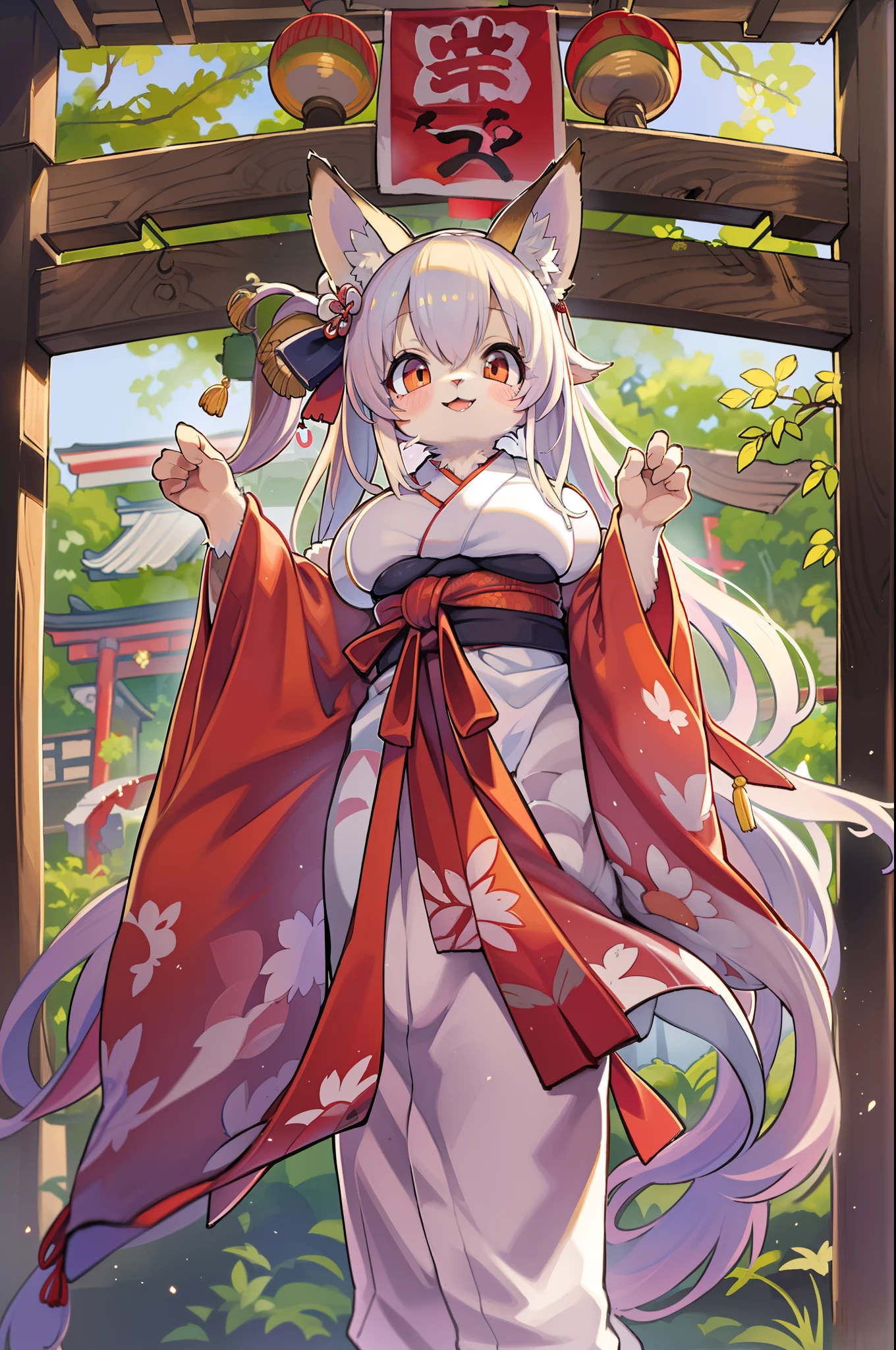 masterpiece, kimono, The cherry tree, cherry blossoms dancing in the wind(super cute 1girl, solo, kemono, furry anthro)