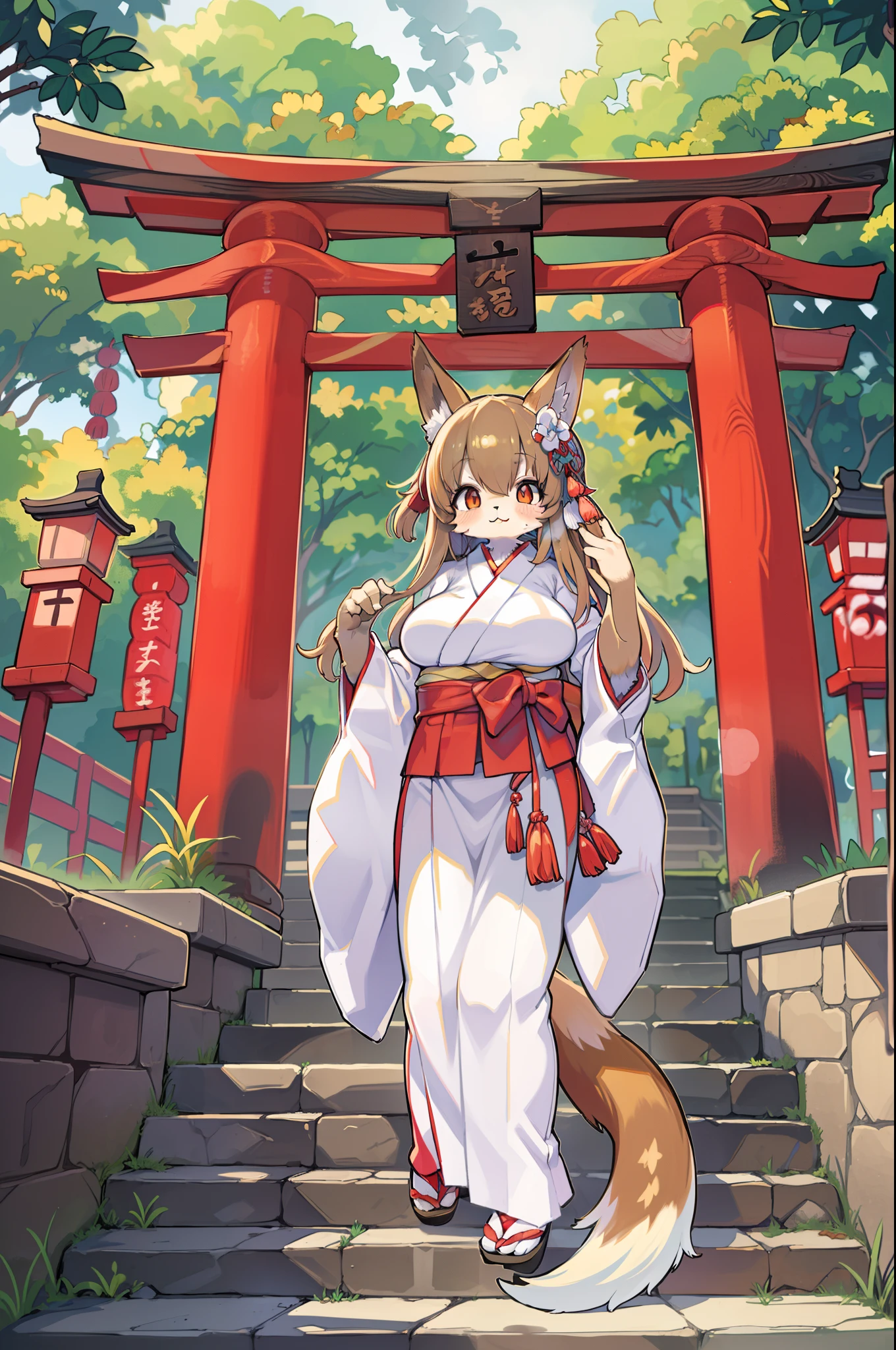 Fox Woman、body covered with fur、huge-breasted、kawaii、shrine maiden、Japan white clothes,Red Hakama、torii gate,summer day、From below、Wide Shot、Very Wide Shot、A big smile