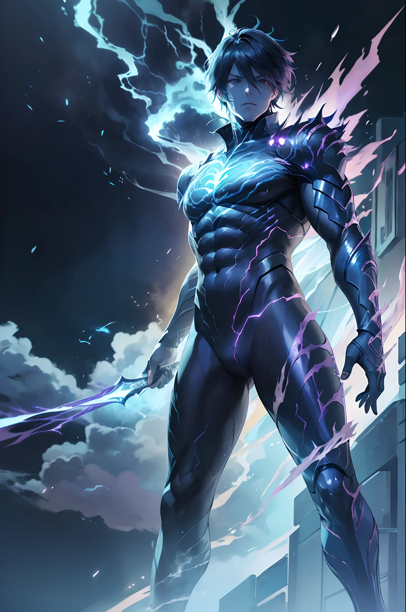 epic anime style, purple lightning, evil temperament, 20-year-old male shadow assassin, glowing black aura, shadow supervisor, handsome face, brilliant and majestic. Beautiful standard body and complete body structure. full body shot of a man with lightning in his hand, an epic anime about a purple energy man, in a battle stance with dark hair and glowing eyes looking at the viewer. Cool Gapmoe Yandere, menacing look, gintama's Hijikata Toushirou, inspired by Masanobu Okumura, the originator of the anime art style, Nobutaka Ike, the night war rages behind him. Highest image quality 8K, details everything 8K.