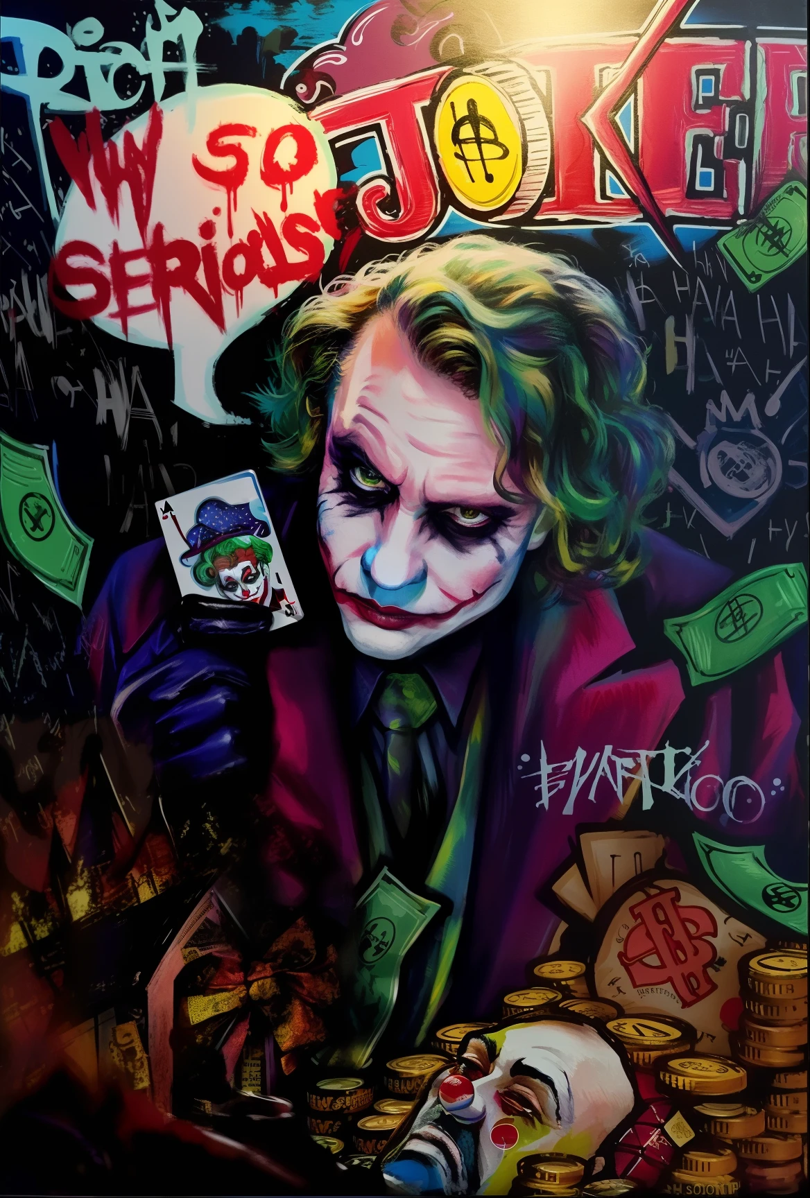 ((Joker card in garbage pail kid style, dirty disgusting kid)), ((flies buzzing around his head, drool coming out of mouth)), (( Lots of thick necklaces)), black to white gradient background, 3d cartoon, high quality, detailed, ((in style of garbage pail kids))