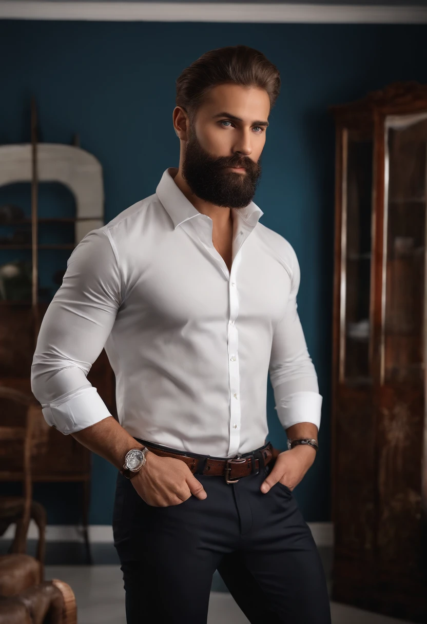 (Homem com roupa elegante), ), (usando barba longa e cheia,) (olhos azuis) (retrato) Attractive and serious look, Cabelos castanhos escuros, Elegante e elegante, e camiseta de corpo forte, (imagem realista e de alta qualidade), in the background Scandinavian apartment with design furniture and with blue wall color in the background, ((best quality, 8k, master part).