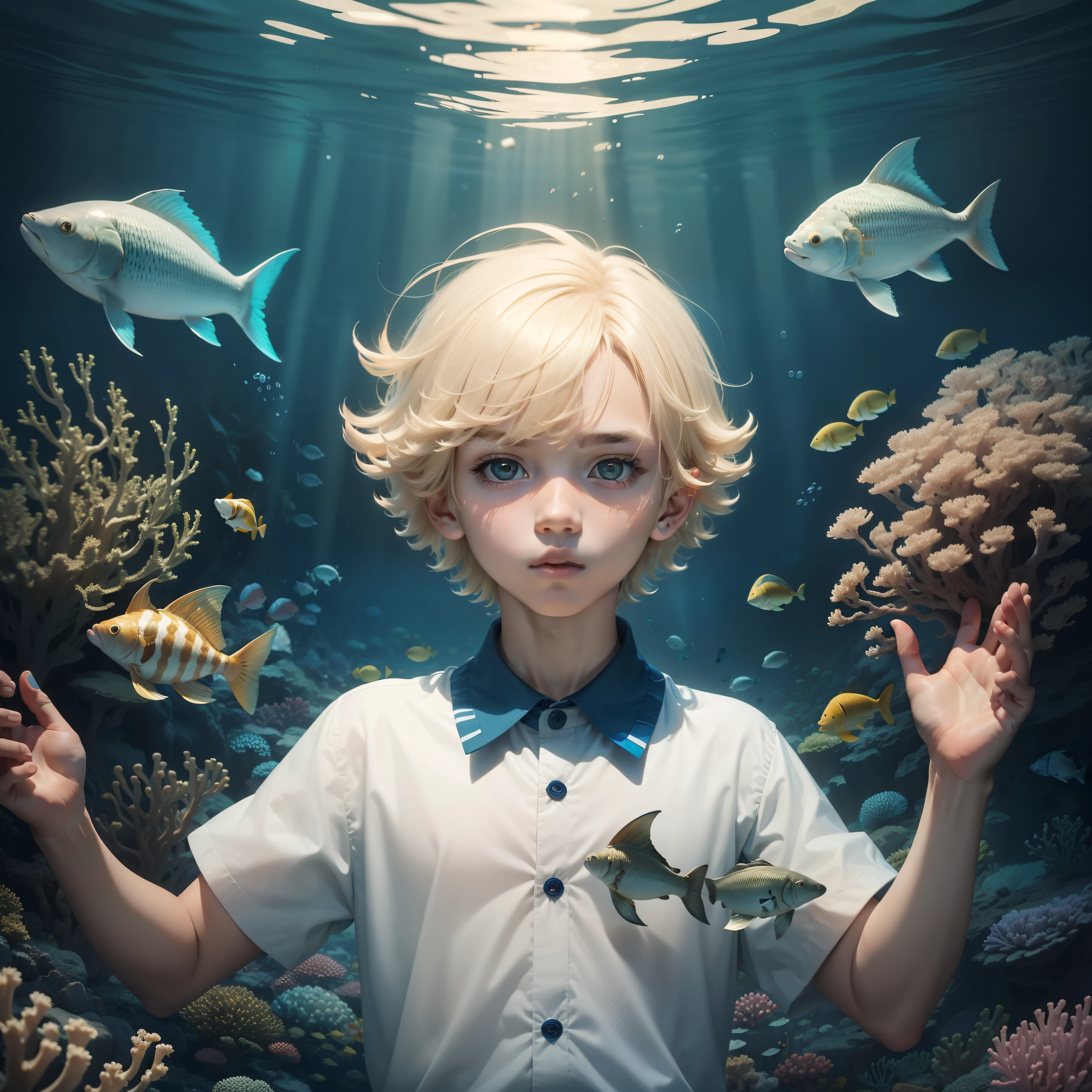 (One Boy),Bangs that are cut,Bob Hair,Under the sea,Surrounded by a lot of fish,Swimming,a blond,Beautiful fece,Deities,(masutepiece:1.2),Sinking,masterpiece,Top image quality,kawaii faces,cute little,Wearing a collared shirt