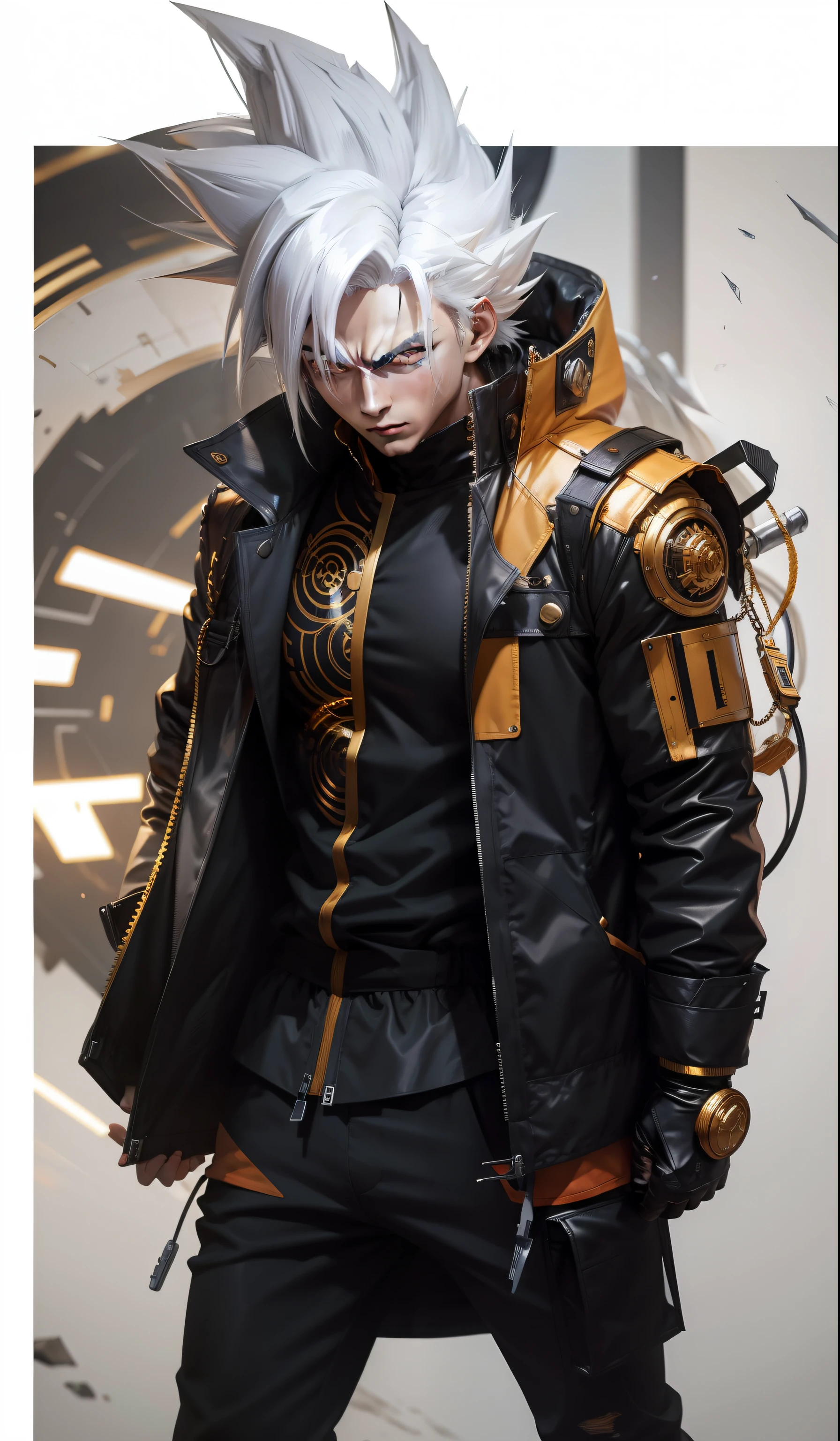 goku white hair black jacket golden mechanical parts