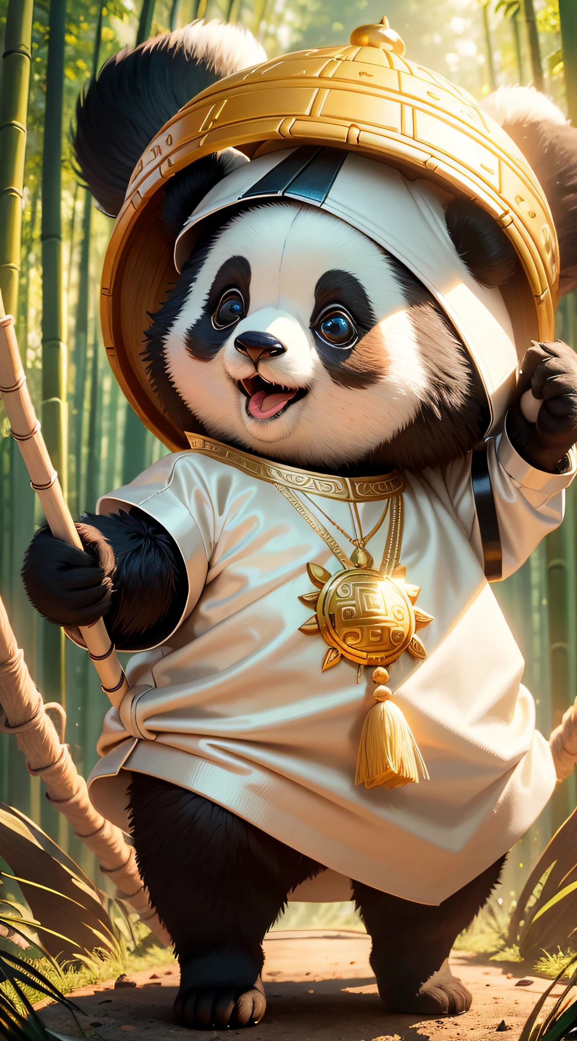 3D cartoon character,Super cute big eyes panda, Dressed in white and gold ethnic style clothing, super high precision, Perfect lighting, blender, 8K, Super clear,bamboo forest background,