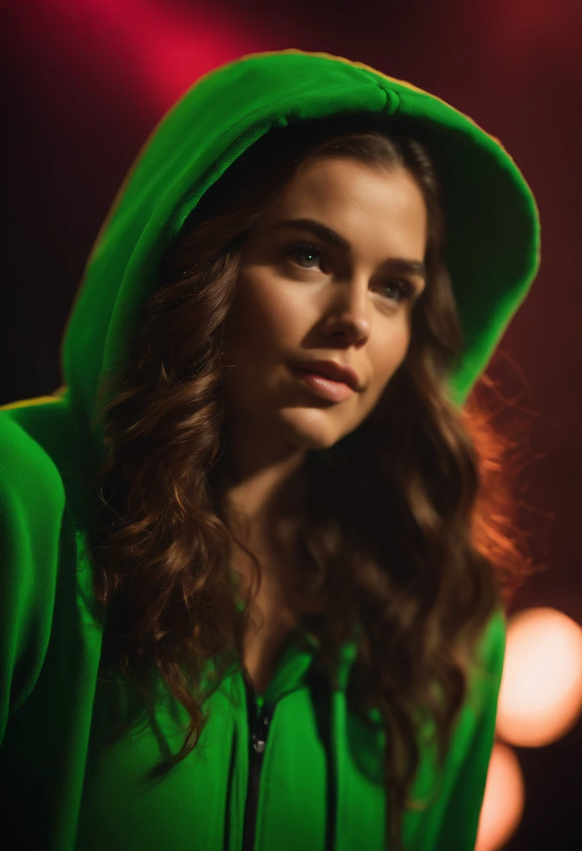 A girl with long wavy hair, wearing a vibrant green oversized hoodie, stands confidently on stage under dazzling spotlights. Her captivating blue eyes shine with intensity as she passionately sings into the microphone. The stage is adorned with cutting-edge visual effects that complement her performance, creating a mesmerizing atmosphere. The crowd cheers and holds up their smartphones, capturing this epic moment. The vibrant colors and dynamic lighting enhance the overall mood, making it an unforgettable experience. The image quality is of the highest standards, with ultra-detailed features and realistic textures that bring the scene to life. The art style reflects a captivating blend of photography and concept art, capturing the raw emotion and energy of the performance. The stage is illuminated with a combination of warm and cool tones, creating a dynamic contrast that adds depth and dimension.