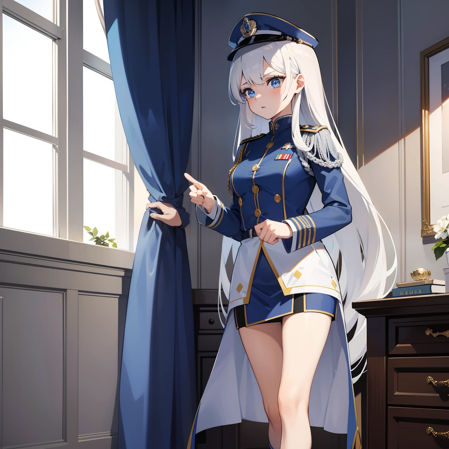 Royal Sister，Blue military uniform，Short white dress，silver-white long hair，Disdainful eyes，drools，fully body photo，Beth，standing on your feet，Thin leg，office room