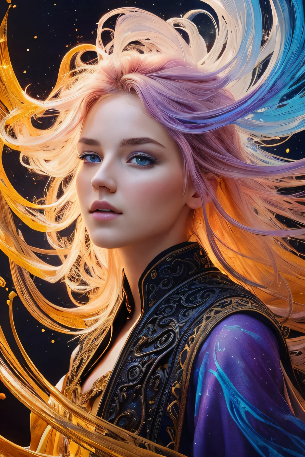 Colorful beautiful girl: a giru 18-years old, messy hair, oil painting, nice perfect face with soft skinice perfect face, blue yellow colors, light purple and violet additions, light red additions, intricate detail, splash screen, 8k resolution, masterpiece, cute face,artstation digital painting smooth veryBlack ink flow: 8k resolution photorealistic masterpiece: intricately detailed fluid gouache painting: by Jean Baptiste Mongue: calligraphy: acrylic: watercolor art, professional photography, natural lighting, volumetric lighting maximalist photoillustration: by marton bobzert:, complex, elegant, expansive, fantastical, wavy hair, vibrant, Best quality details, realistic, High definition, High quality texture, epic lighting, Cinematic film still, 8k, soft lighting, anime style, masterful playing card border, random Colorful art, oil painting, blue yellow colors, light purple and violet additions, light red additions, intricate detail, splash screen, 8k resolution, masterpiece, artstation digital painting smooth veryBlack ink flow: 8k resolution photorealistic masterpiece: intricately detailed fluid gouache painting: by Jean Baptiste Mongue: calligraphy: acrylic: watercolor art, professional photography, natural lighting, volumetric lighting maximalist photoillustration: by marton bobzert:, complex, elegant, expansive, fantastical, vibrant