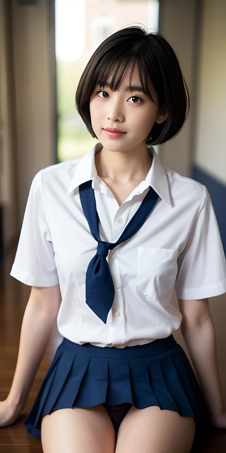 hi-school girl、(Schoolgirl Uniform、Loose and large shirt、Shoulders are visible、Nipple bumps、 girl、shirt wet、Sheer white shirt、Navy blue ribbon at the collar、School Uniform Blazer、Dark blue pleated micro mini)、(Slimed)、Photorealsitic、detaileds, Skin Texture, ultra-detailliert、Super Detailed Face、Detailed lips、A detailed eye、二重まぶた、Large breasts、Emphasis on the chest、Very embarrassed look、Lift the hem of the skirt yourself,、Show the camera your white panties、pantyshot、The figure that seems to be able to see the panties、I can see my panties、Panties visible through the gap between the thighs、Panties visible through the gap between the legs、Panties visible from the legs、Short-cut hairstyles、Chest chiller、Bra visible through the gap in the shirt、Bra seen through the shirt、Sexy Outfit、Chilarism、eroticism、Shameful appearance、Underwear visible from loose clothes、Underwear visible through the gaps in clothes