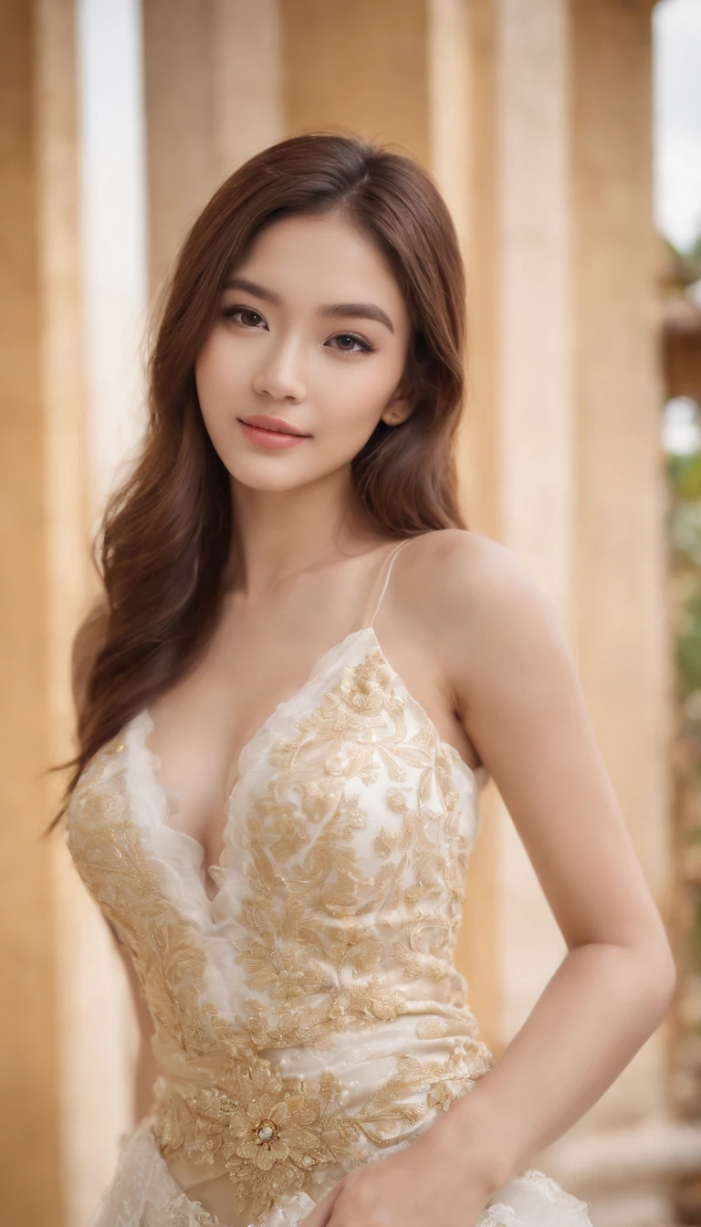 myth,argent,gold,Scroll,batik,treasure,universe, face the camera, smile, 19 year old girl, cute girl, beautiful girl, indonesian model, white healthy skin, delicate eyes, full body photo, (sexy body:1.2), (slim waist:1.2), beauty shot, one hand on cheek