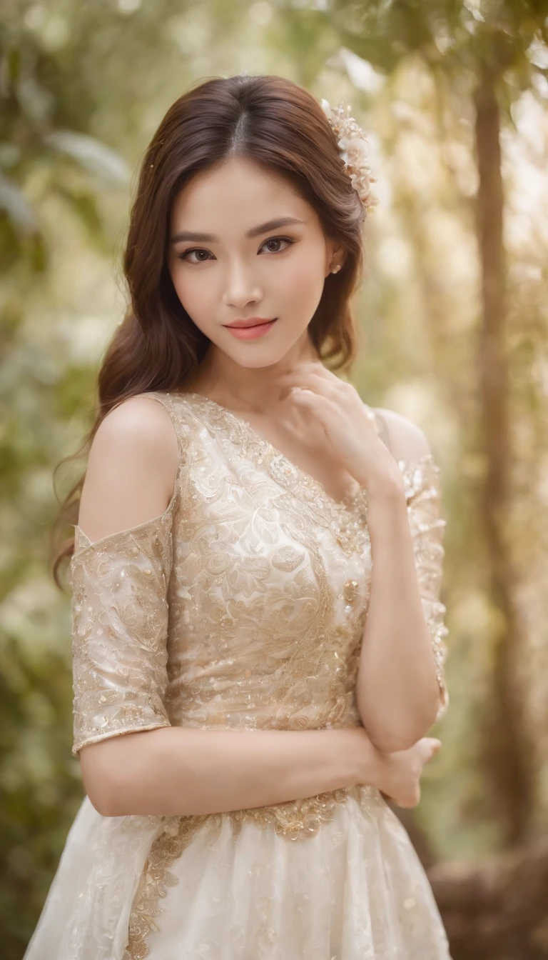 myth,argent,gold,Scroll,batik,treasure,universe, face the camera, smile, 19 year old girl, cute girl, beautiful girl, indonesian model, white healthy skin, delicate eyes, full body photo, (sexy body:1.2), (slim waist:1.2), beauty shot, one hand on cheek