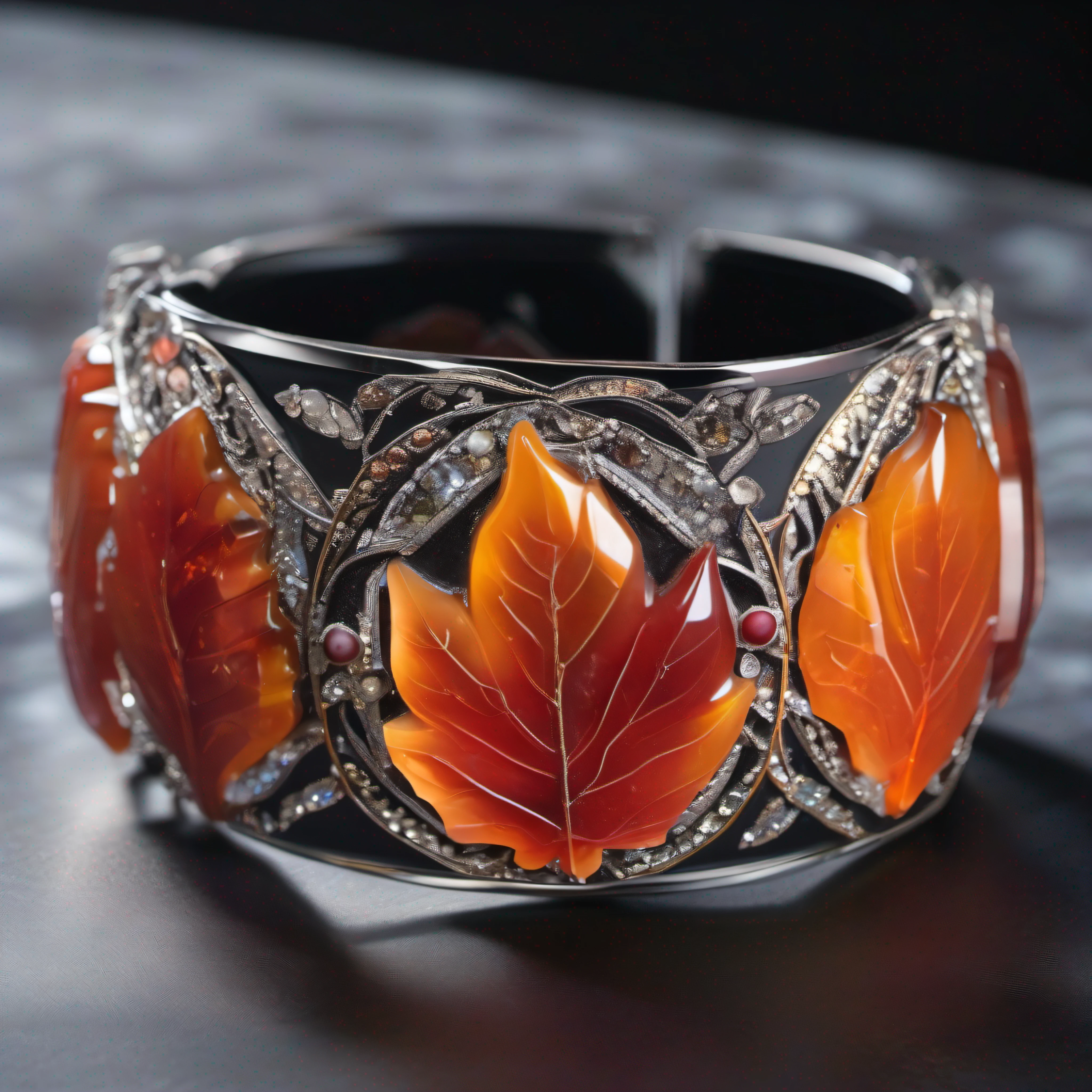 bracelet made with small size antique Laguna Agate carving gem stones near organic maple leaves, sitting on a black colour glass table, stunning and vibrant coloration, shining and glitter, bands of red, orange, and white, lapidary work , highly detailed, Dynamic Light, colorful,