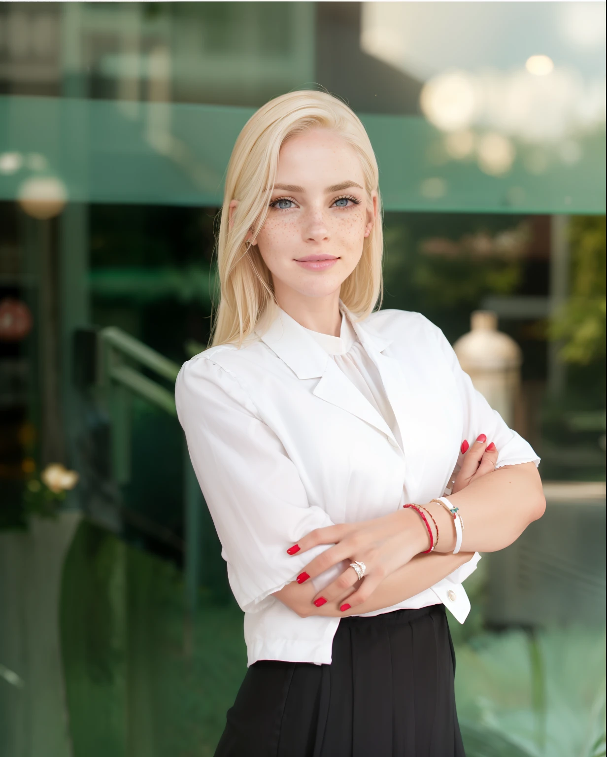 Rosto de uma mulher, americana, 30 anos, pale skin and freckles, olhos cinzas, nariz delicado, soft and delicate lips, cabelo blondie cinza longo ondulado, sorriso meigo