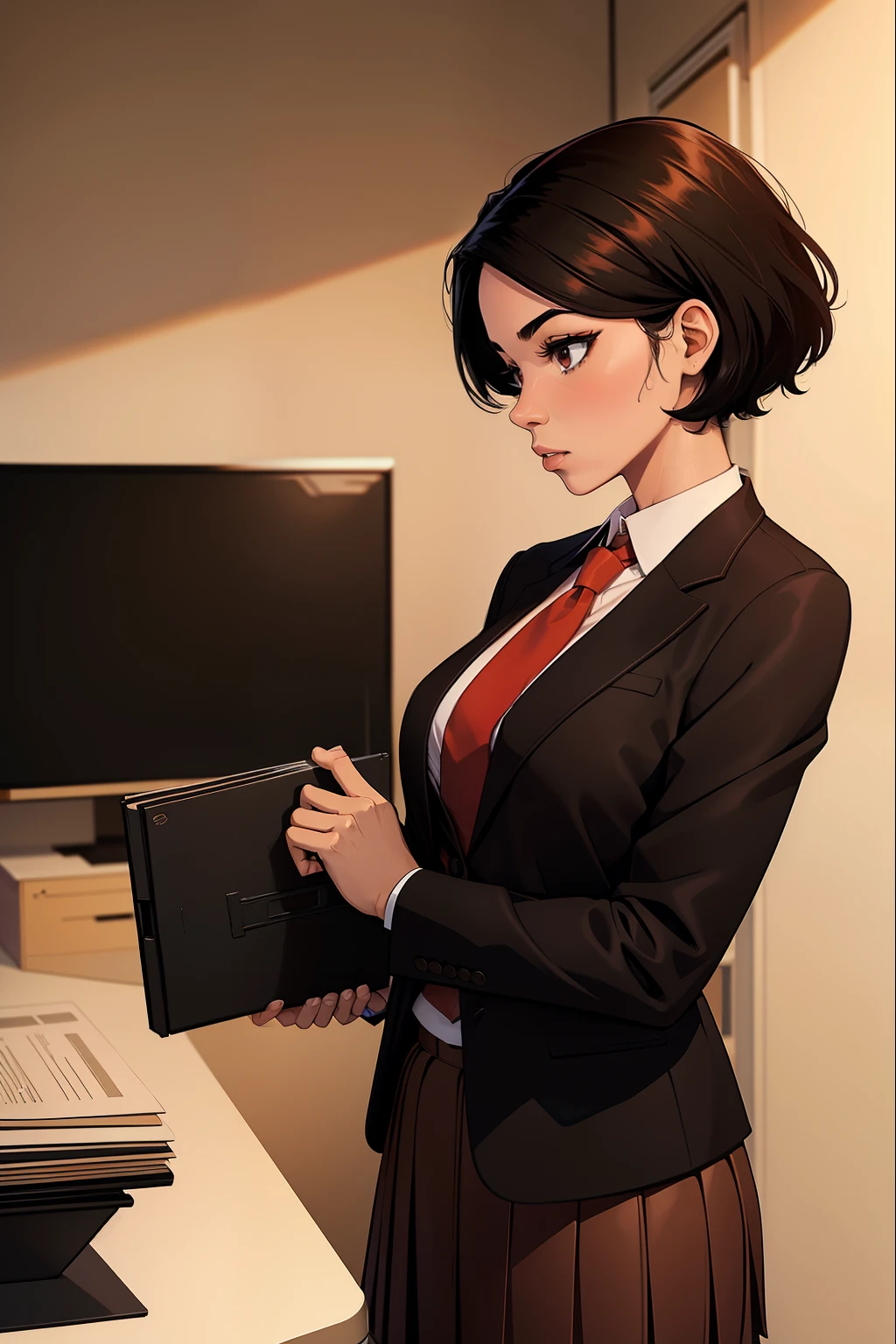 woman, short black hair, wearing a brown office jacket, red tie, brown office skirt, looking at files, no background,