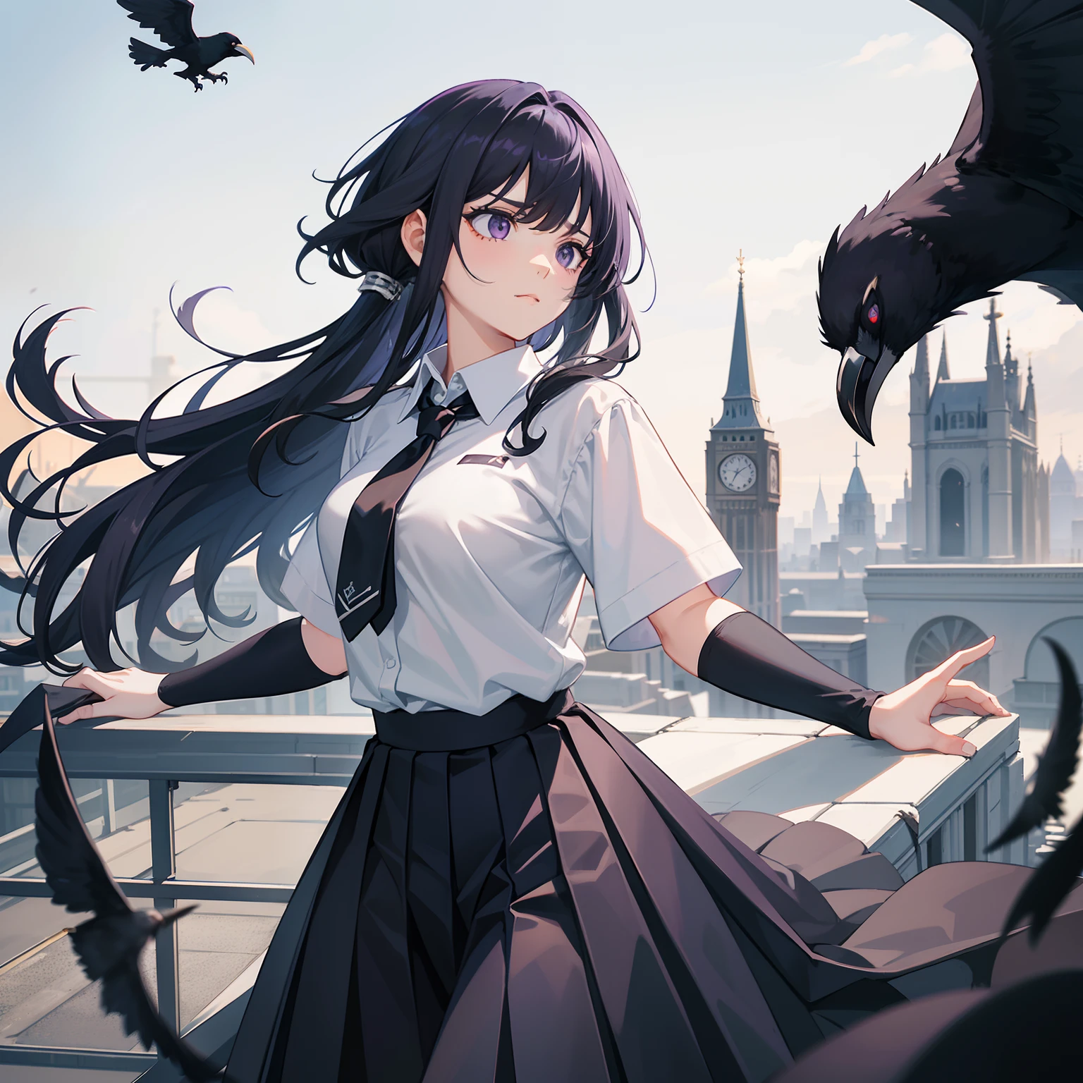 cawing ravens,cabellos largos dorados,Purple eye,black toga,White shirt,a black pleated skirt,Surrounded by crows,Melancholy Look,School rooftop,dance,