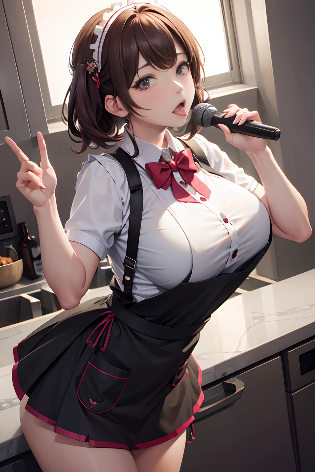 tmasterpiece，best qualityer，A girl licks a microphone，Wear an apron but not a skirt,huge tit，kitchens