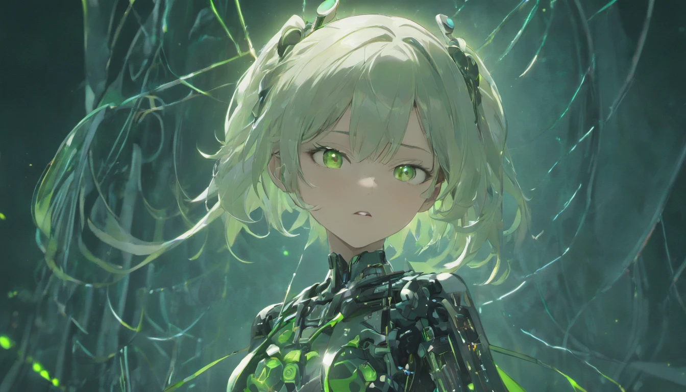 android woman,translucent plastic body with robotic skeleton,carbon textured,plastic face,serene glowing eyes,asimetrical short spike hair,white hair,green eyes,headphones,by wlop,realistic,8k,HDR,stable diffusion xl,anime style,cute girl