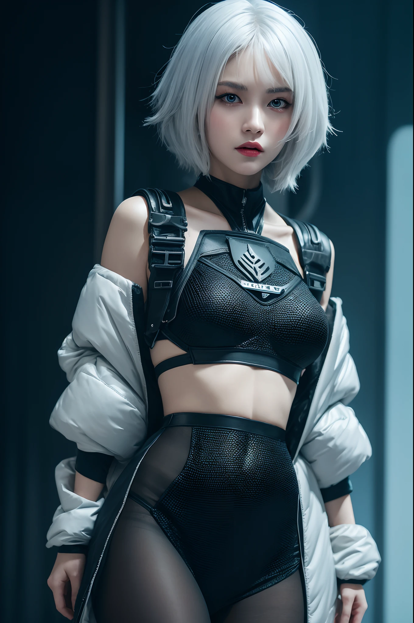 bestquality,highquality,superdetail,texturedskin,detail,awardwinning，3D, A beautiful cyberpunk female image,battledress，white haired，hdr（HighDynamicRange）,Ray traching,NVIDIA RTX,Hyper-Resolution,Unreal 5,Subsurface scattering、PBR Texture、post-proces、Anisotropy Filtering、depth of fields、maximum definition and sharpness、Many-Layer Textures、Albedo e mapas Speculares、Surface coloring、Accurate simulation octane rendering of light-material interactions、Two-colored light、largeaperture、Low ISO、White balance、the rule of thirds、8K raw data、blackstockings
