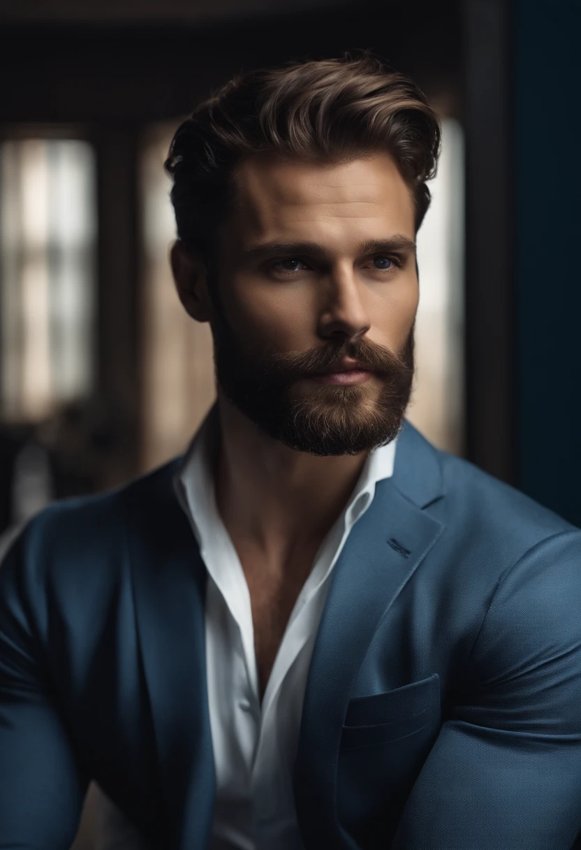 (Homem com roupa elegante), ), (usando barba longa e cheia,) (olhos azuis) (retrato) Attractive and serious look, Cabelos castanhos escuros, Elegante e elegante, e camiseta de corpo forte, Homem parecido com o ator Jamie Dornan, (imagem realista e de alta qualidade), in the background Scandinavian apartment with design furniture and with blue wall color in the background, ((best quality, 8k, master part).
