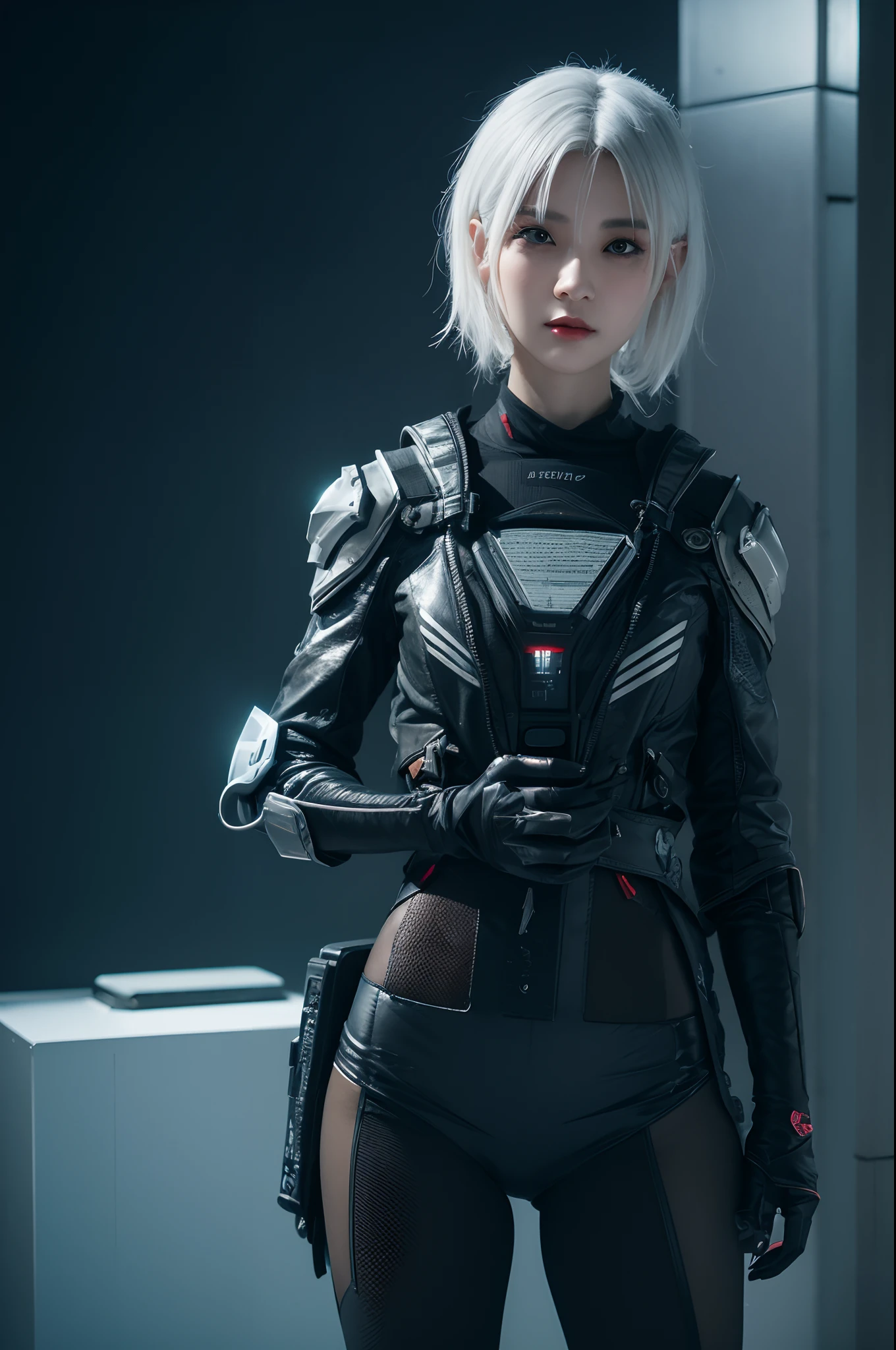bestquality,highquality,superdetail,texturedskin,detail,awardwinning,3D, A beautiful cyberpunk female image,battledress,white haired,hdr(HighDynamicRange),Ray traching,NVIDIA RTX,Hyper-Resolution,Unreal 5,Subsurface scattering、PBR Texture、post-proces、Anisotropy Filtering、depth of fields、maximum definition and sharpness、Many-Layer Textures、Albedo e mapas Speculares、Surface coloring、Accurate simulation octane rendering of light-material interactions、Two-colored light、largeaperture、Low ISO、White balance、the rule of thirds、8K raw data、blackstockings
