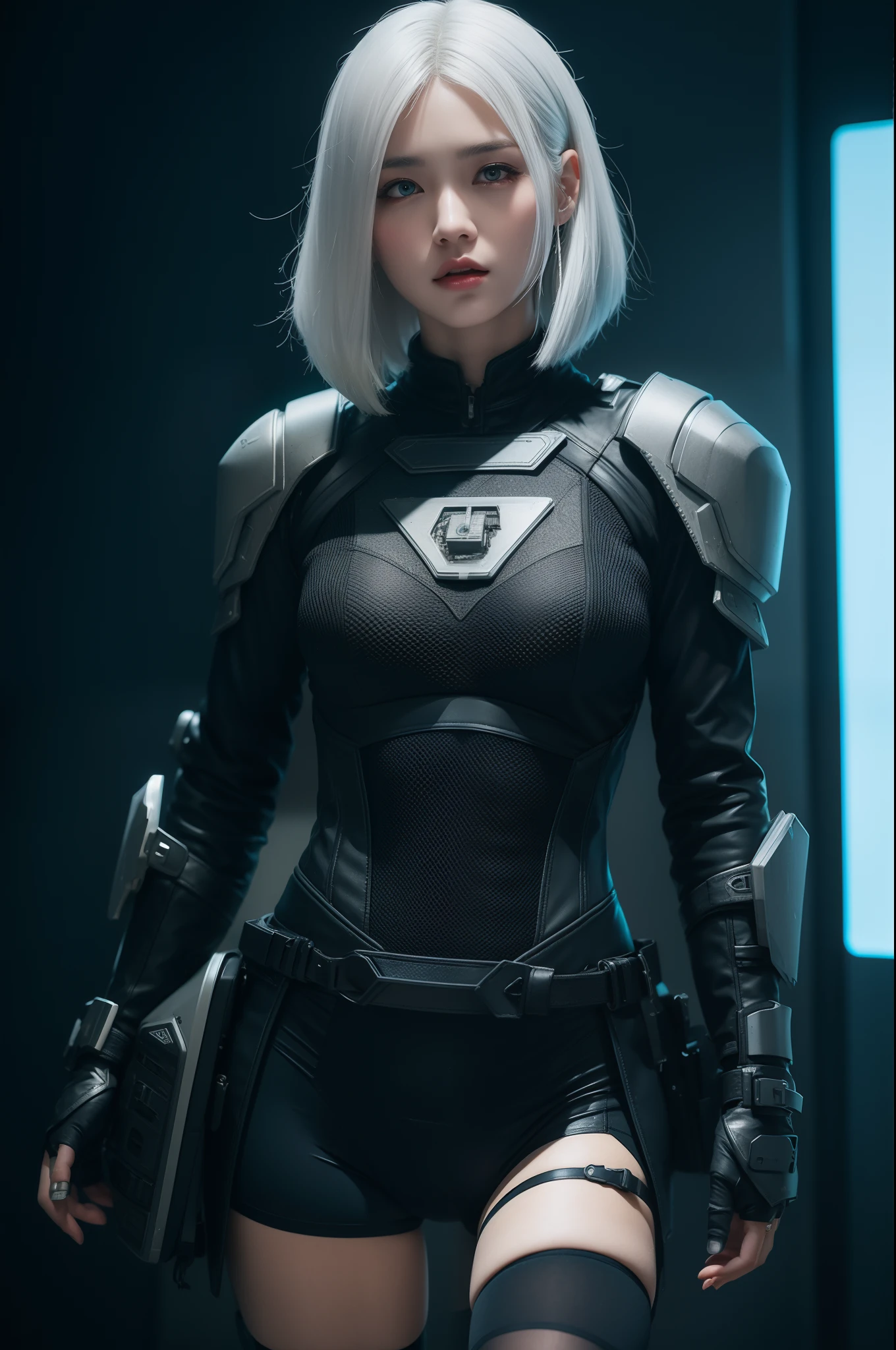 bestquality,highquality,superdetail,texturedskin,detail,awardwinning，3D, A beautiful cyberpunk female image,battledress，white haired，hdr（HighDynamicRange）,Ray traching,NVIDIA RTX,Hyper-Resolution,Unreal 5,Subsurface scattering、PBR Texture、post-proces、Anisotropy Filtering、depth of fields、maximum definition and sharpness、Many-Layer Textures、Albedo e mapas Speculares、Surface coloring、Accurate simulation octane rendering of light-material interactions、Two-colored light、largeaperture、Low ISO、White balance、the rule of thirds、8K raw data、blackstockings