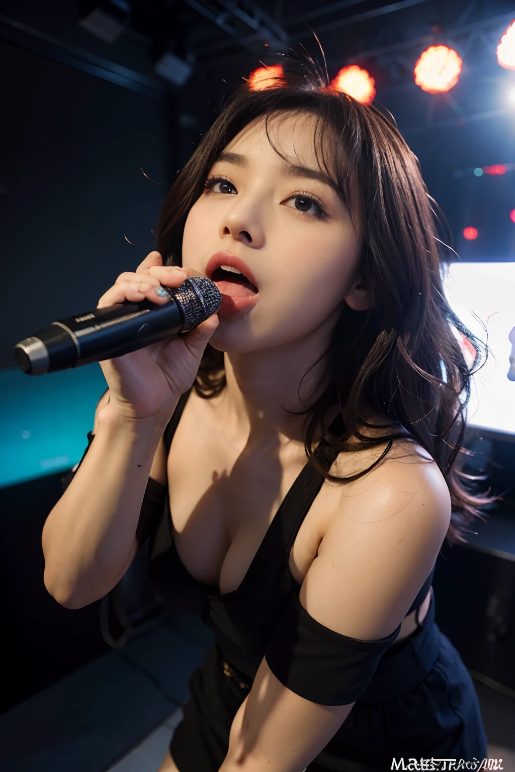 tmasterpiece，best qualityer，A girl licks a microphone，huge tit，looking at viewert