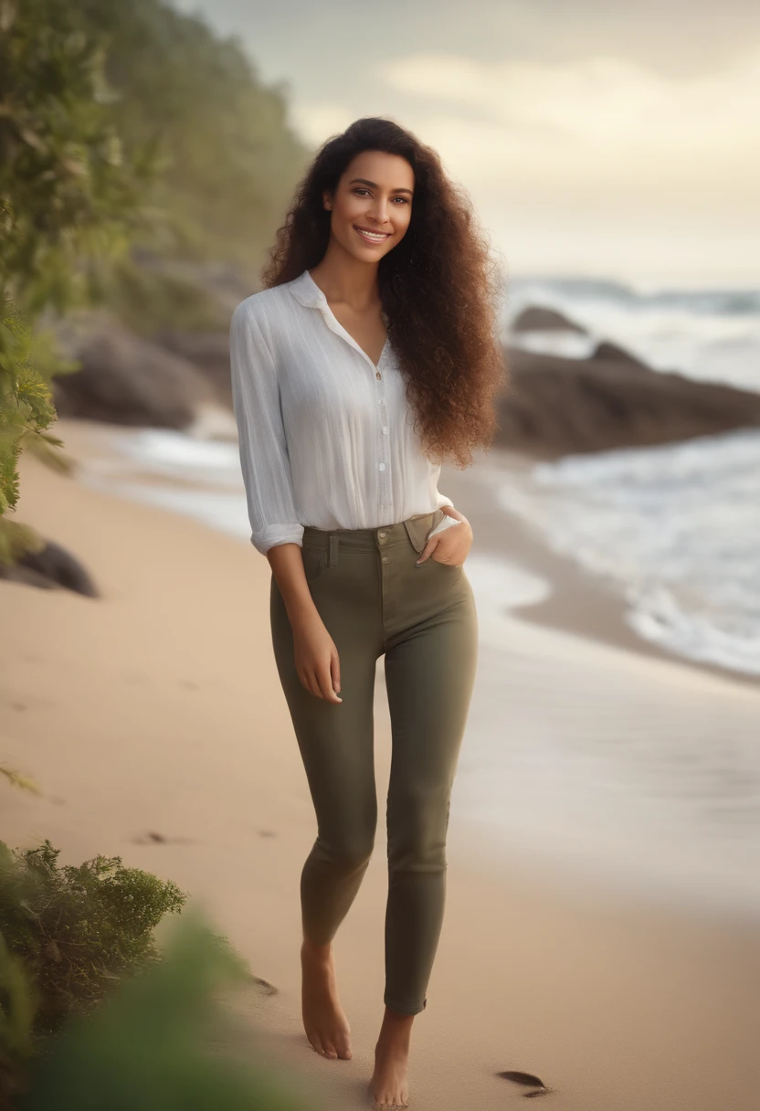 1 adult woman, long hair, curly hair, black hair, smooth skin, brown eyes, smiling, vegetation, Occasional, relaxed clothes, realistic, with background in a slightly blurred on the beach, super realistic 8k, super detailed and realist