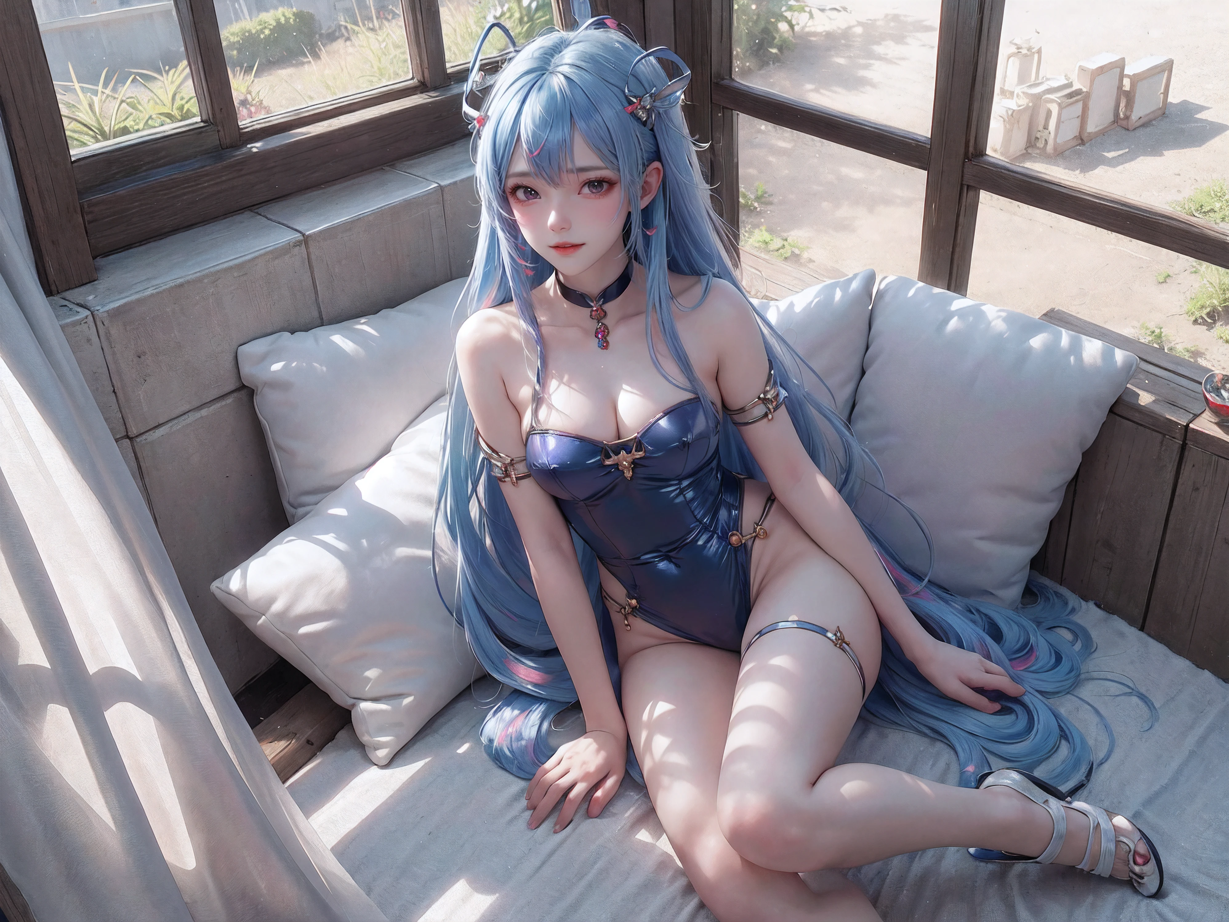 [(white background:1.5)::5],(Isometric:1.3),(masterpiece,best quality:1.2),(highres:1.1),(Highest picture quality),(master's work),facing viewer,dynamic angle,sky,cloud,
living room, couch, window, curtains, dappled sunlight, potted plant, table, cabinet,bookshelf, paper, desk lamp, typewriter, garden,
(1loli,solo focus:1.2),cute,ornament,(jewelry:0.75),(blush:0.9),(strap:0.9),barefoot,
ahoge,(disheveled hair,long hair,ruby hair,blue colored inner hair,shiny hair,shiny skin:1.1),