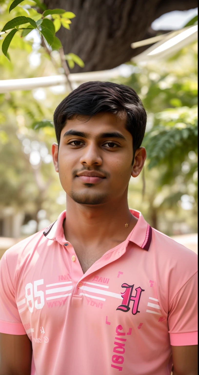arafed man in a pink shirt standing in front of a tree, jayison devadas, portrait mode photo, portait image, vastayan, very clear picture, mohamed chahin, around 1 9 years old, ayan nag, riyahd cassiem, vinayak, shot on nikon z9, mid shot portrait, johnatan wayshak