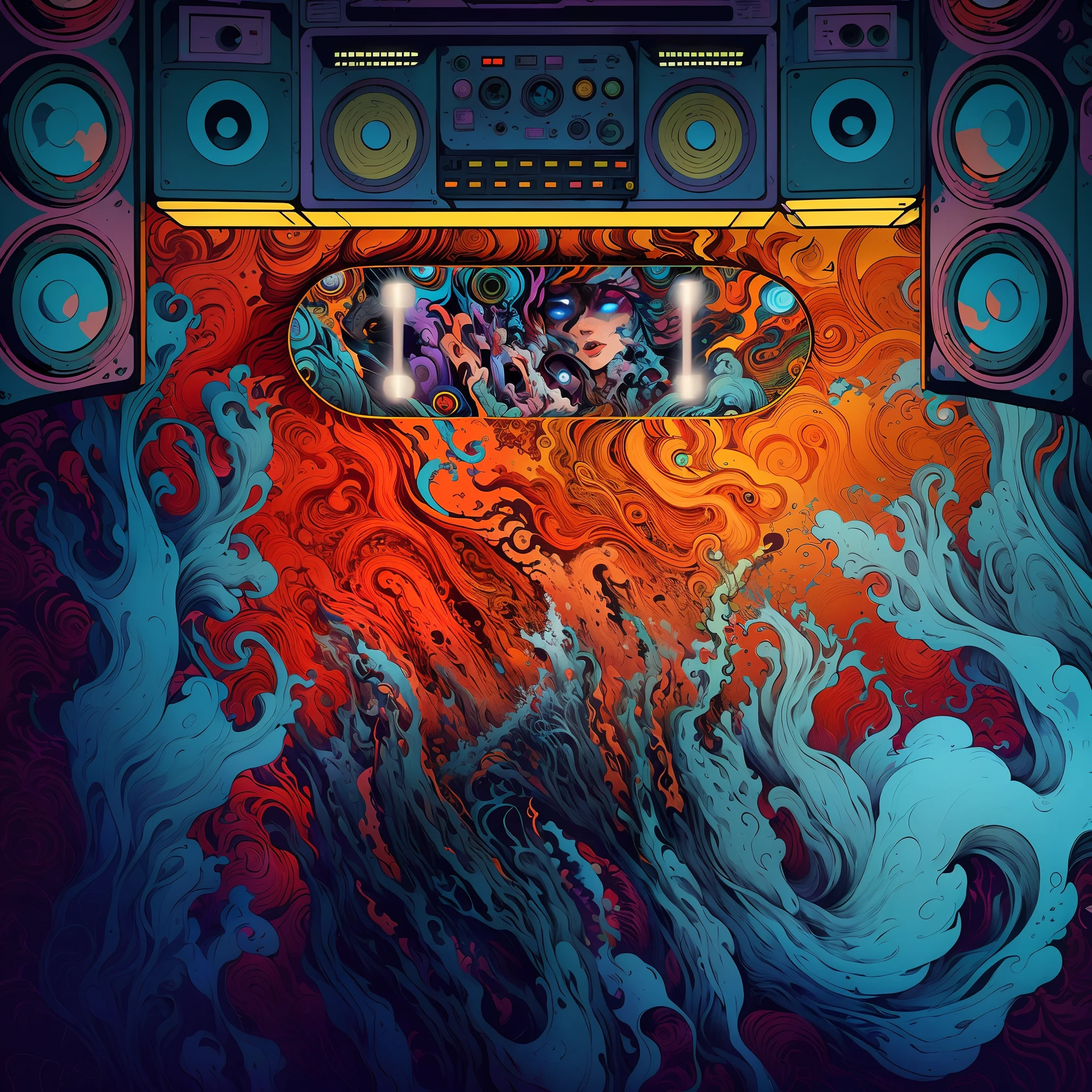 there is a colorful poster with a boombox and a skateboard, dan mumford and alex grey style, psychedelic hip-hop, detailed cover artwork, psychedelic hip hop, jen bartel, official artwork, artwork, in the style dan mumford artwork, psychedelic illustration, colorful illustration, background artwork, el bosco and dan mumford, fractal thunder dan mumford, highly detailed cover art