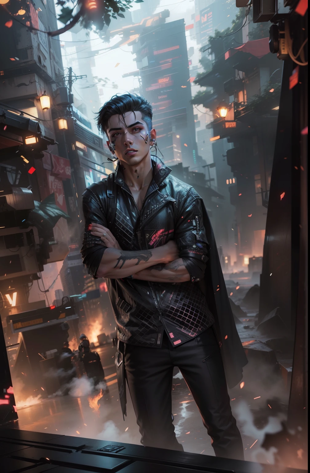 Change background cyberpunk handsome boy, realistic face, 8k, ultra realistic