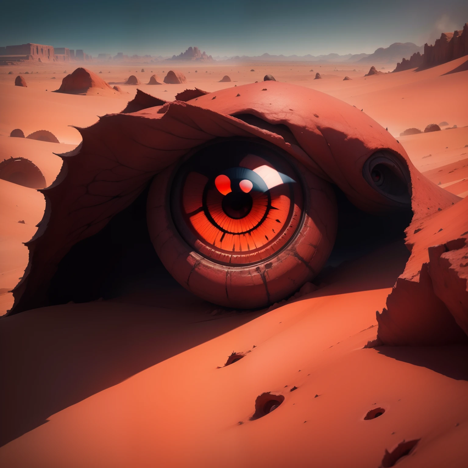 Red eye, horror red eye, big red eye, Faraway view，eventide，In the distance is the desert battlefield，There are oases in the desert，Up close, there is a row of grass in front of the screen and below，The is very detailed，best qualtiy