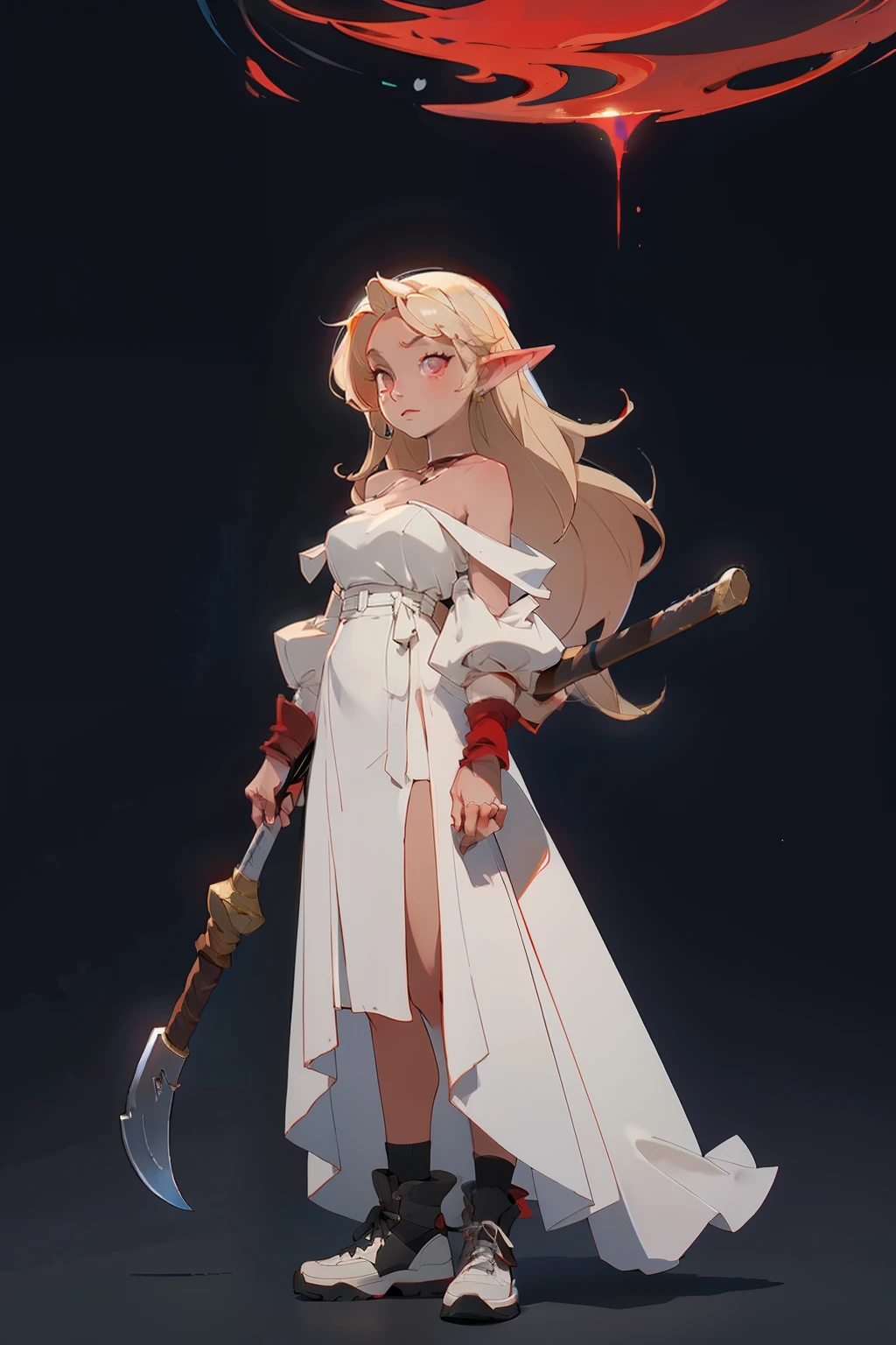 Elf, blonde woman, wearing a white dress, Black Strap, double axe, Magical aura, red-eyes, Medieval Street, Silhouettes of people in the background, darkly, dim moonlight