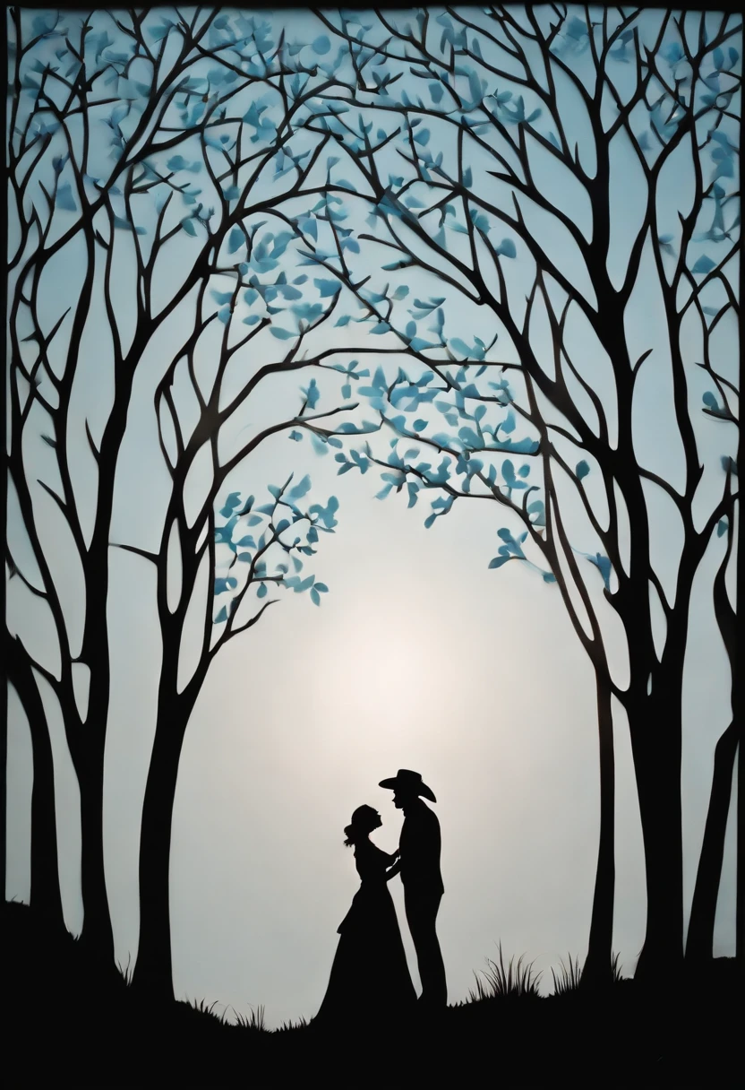 (Silhouette Art,cutouts:1.6) (((Paper cutting art,A world where only black exists:1.3) (Cowboy Shot),white, BREAK (Light blue snowflakes) Textured glass background,