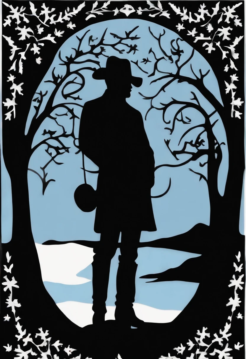 (Silhouette Art,cutouts:1.6) (((Paper cutting art,A world where only black exists:1.3) (Cowboy Shot),white, BREAK (Light blue snowflakes) Textured glass background,