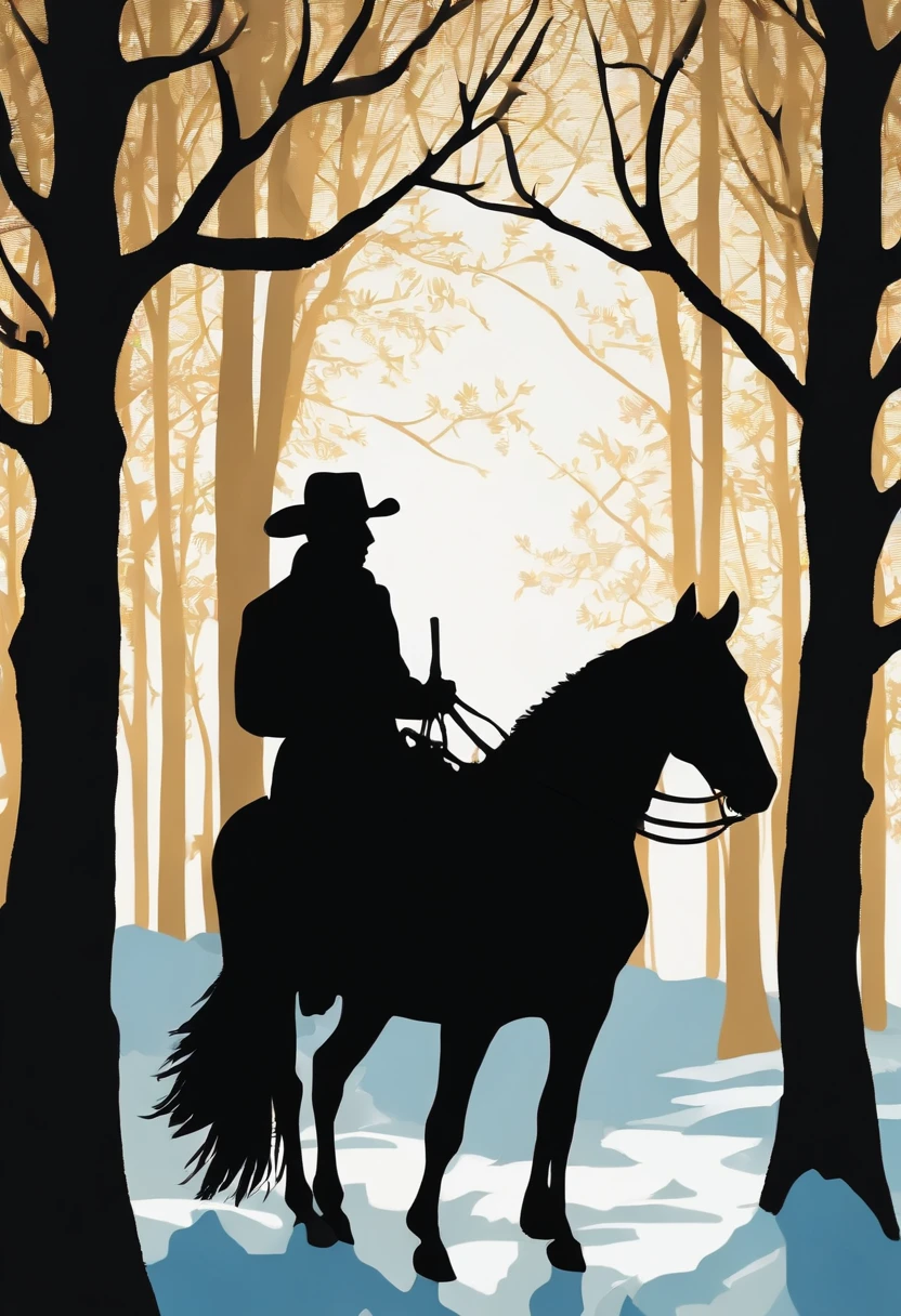 (Silhouette Art,cutouts:1.6) (((Paper cutting art,A world where only black exists:1.3) (Cowboy Shot),white, BREAK (Light blue snowflakes) Textured glass background,