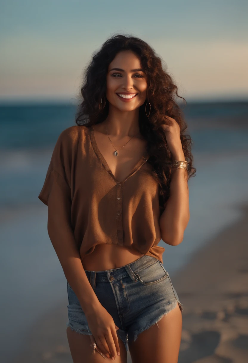 Floral bikini with beach floral shirt (breast), dark hair, turning and looking at the camera, smile and ready to give you a kiss, she is standing in the ocean, light particles, wet look, golden hour, realistic, masterpiece, highest quality, lens flare, shade, bloom, [[chromatic aberration]], golden hour