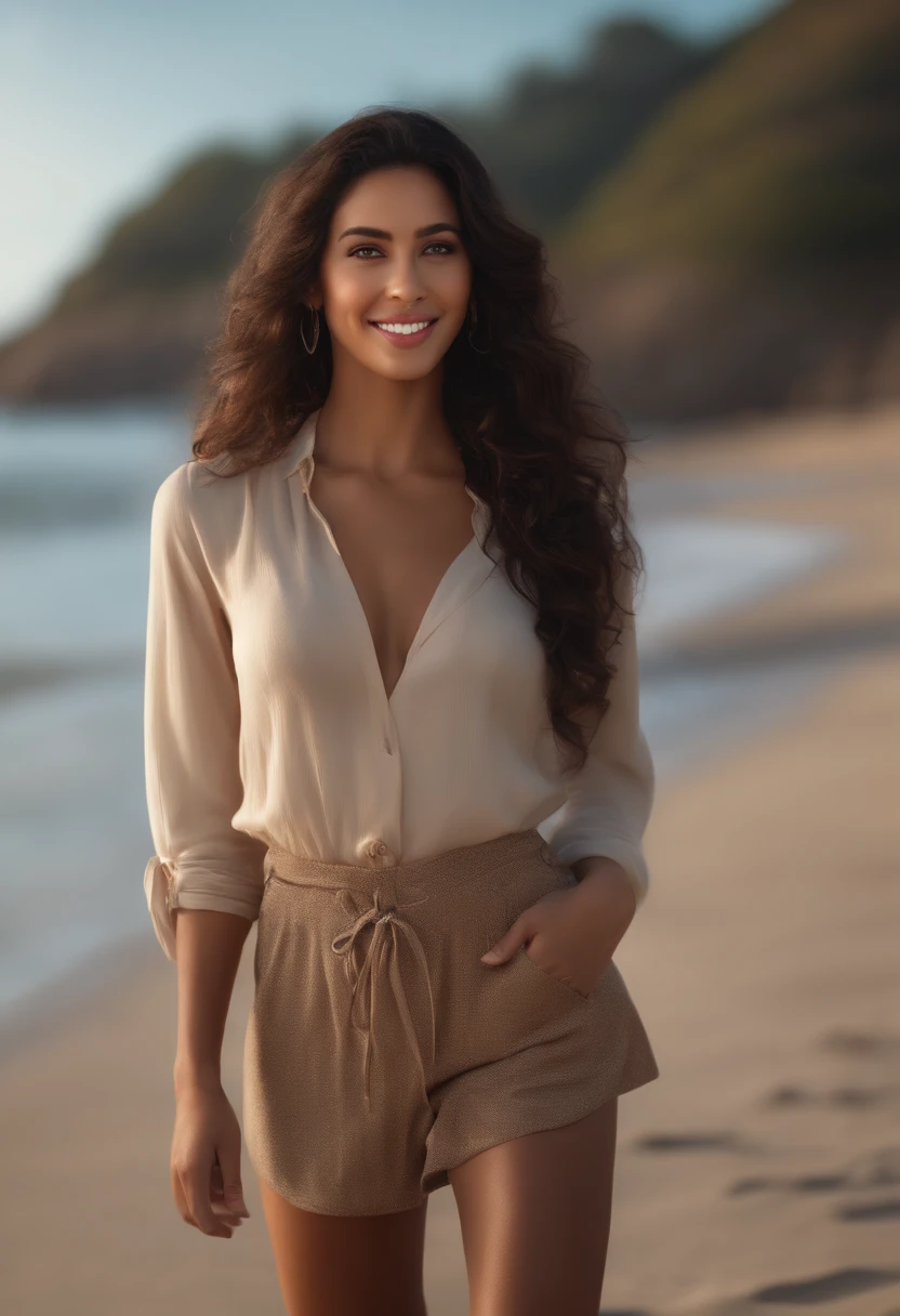 1 adult woman, long hair, curly hair, black hair, smooth skin, brown eyes, smiling, Occasional, sexy clothes, with background in a slightly blurred on the beach, super realistic 8k, super detailed and realist