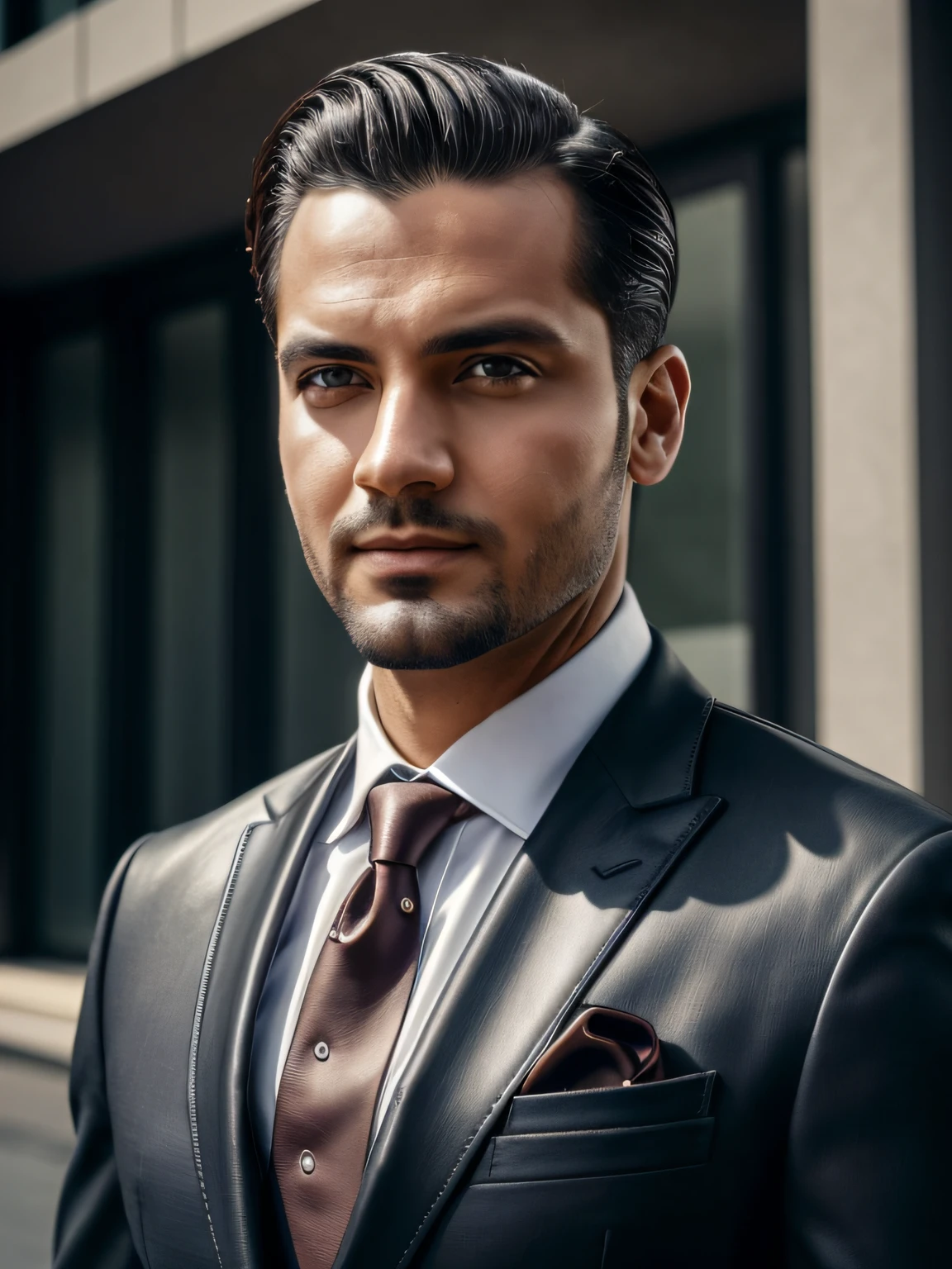 tmasterpiece, High-quality photo of a man in a suit and tie, Stand in front of the building, Photo by James Baines,High facial detail, A detailed eye, Open appearance, a closeup, Detail leather, Popular with pexels, Trending on ArtStation, New Objectivity, Stock Photo, sabattier effect.