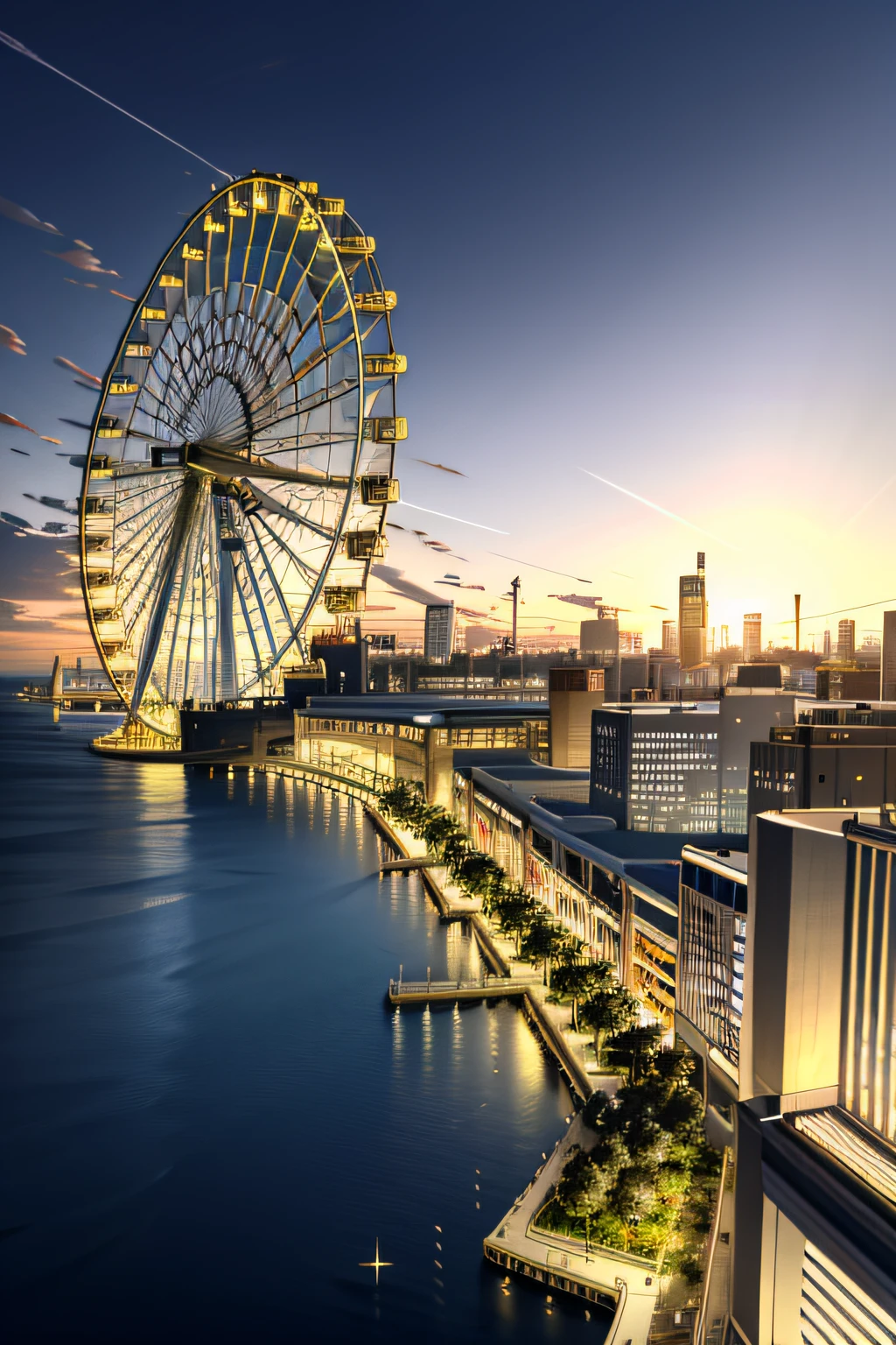 The Ferris wheel is on a large patch of grass,On one side are bustling high-rise buildings,The other half is the sparkling sea,the sunset,Opposite the Ferris wheel is a bridge across the sea,There are planes flying in the sky