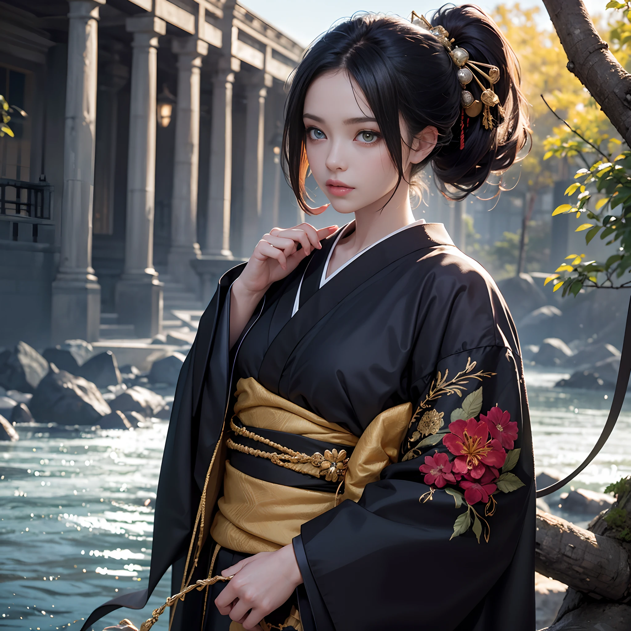 Woman In Traditional Japanese Dress Posing By River With Bridge In woman-in-traditional-japanese-dress-posing-by-river-with-bridge-in