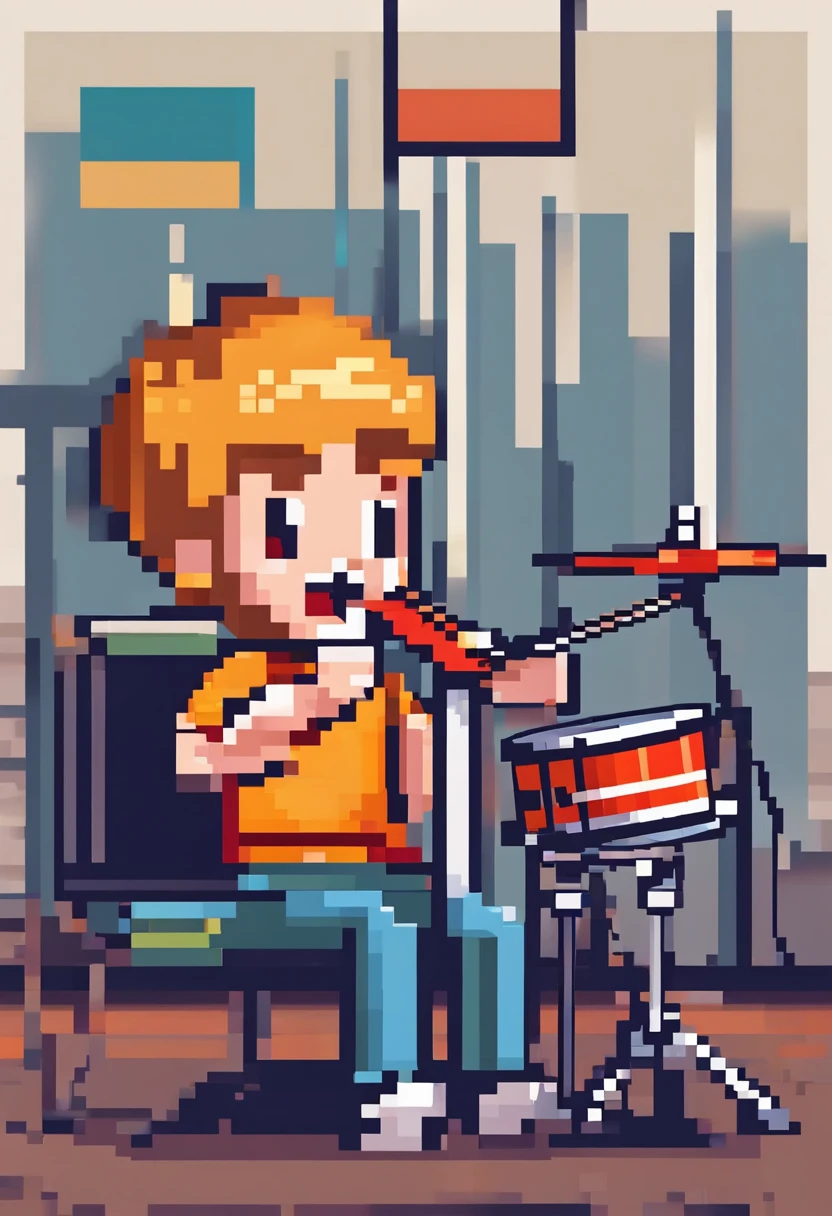 Child boy on phone smiling playing drums