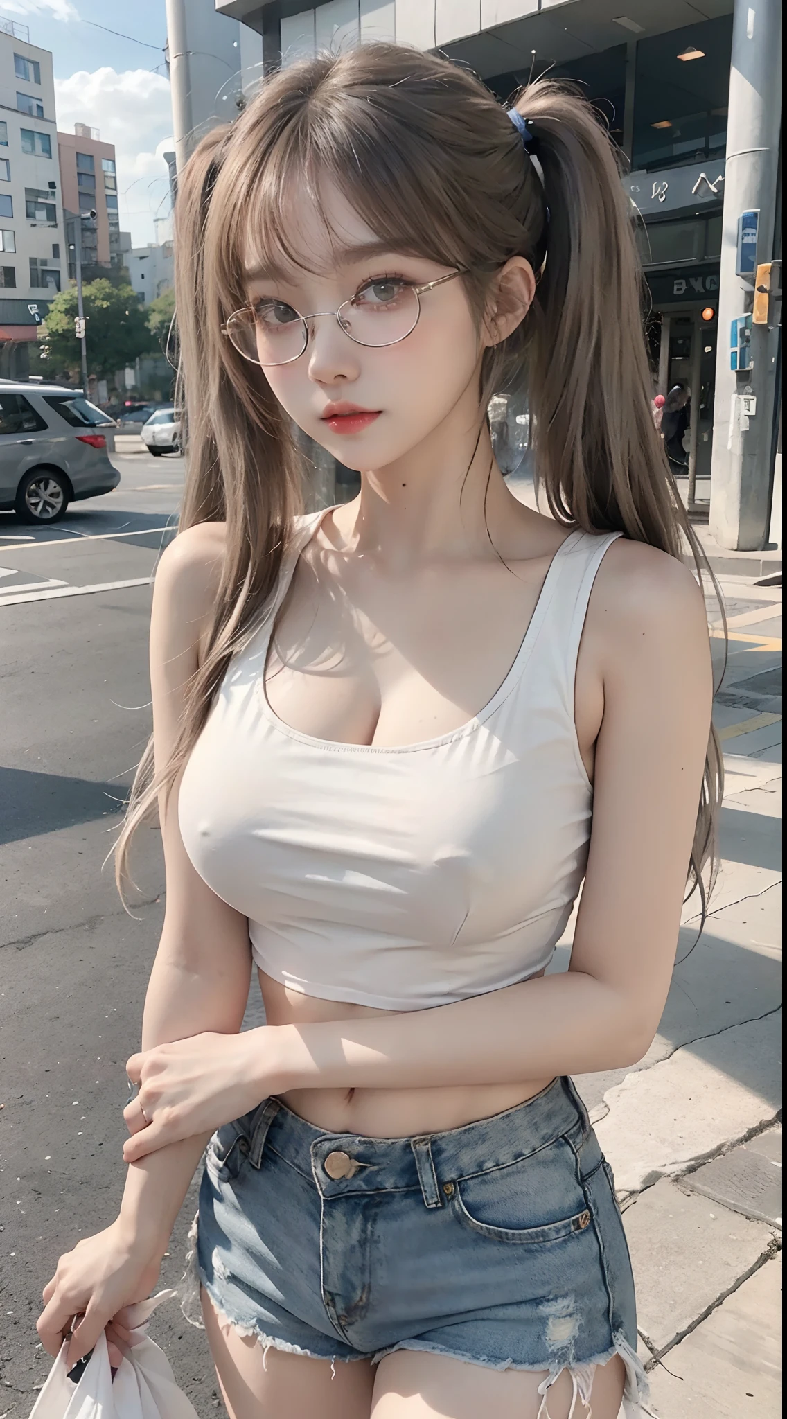 Top image quality、Raw photography、超A high resolution、18-year-old Korean、Glasses beauty、Colossal tits:1.6、cleavage of the breast:1.6、Healthy complexion、shiny white skin、((twintails))、((Light brown silver hair))、Beautiful eyes with random colors、very thin lips、beautiful eyes finely detailed、elongated eyes、pale pink blush、long eyeslashes、Beautiful double eyelids、eyeshadows、耳Nipple Ring、(Fashionable glasses、White tight tank top、denim short pants、Beautiful legs、Attractive thighs)、street snap、moderate leg thickness、Shot with emphasis on the legs、is standing、Photograph the whole body、Emphasize cleavage