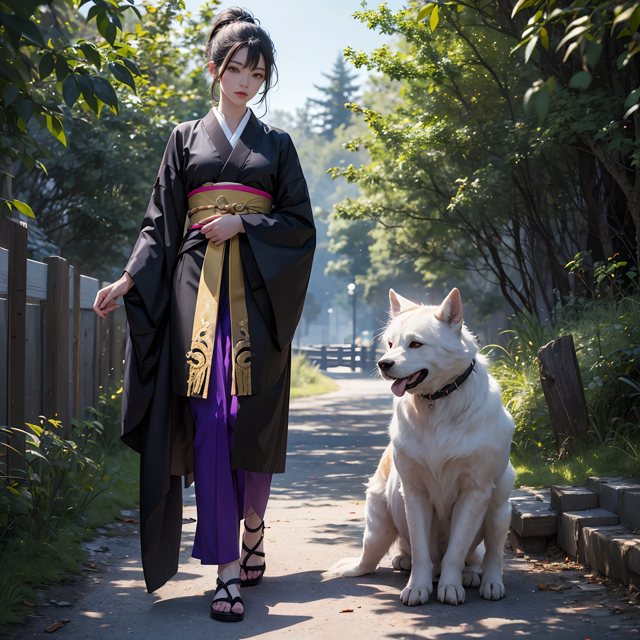 Luxury kimono(Black kimono(Detailed golden embroidery,Purple band))、odd eye、watching at viewers,Background with(plein air:1.2), (Red Spider Lily:1)Blue sky Streets of Kyoto(She walks along a dimly lit path on the riverbank.:1)、Ponytail, Shiny hair, Full body, Mismatched pupils, Hyper-Realism, Verism, Realism, depth of fields, Cinematic lighting, Wide Shot, F/16, nffsw, high details, High quality, Textured skin, 8K, Best Quality, hight resolution